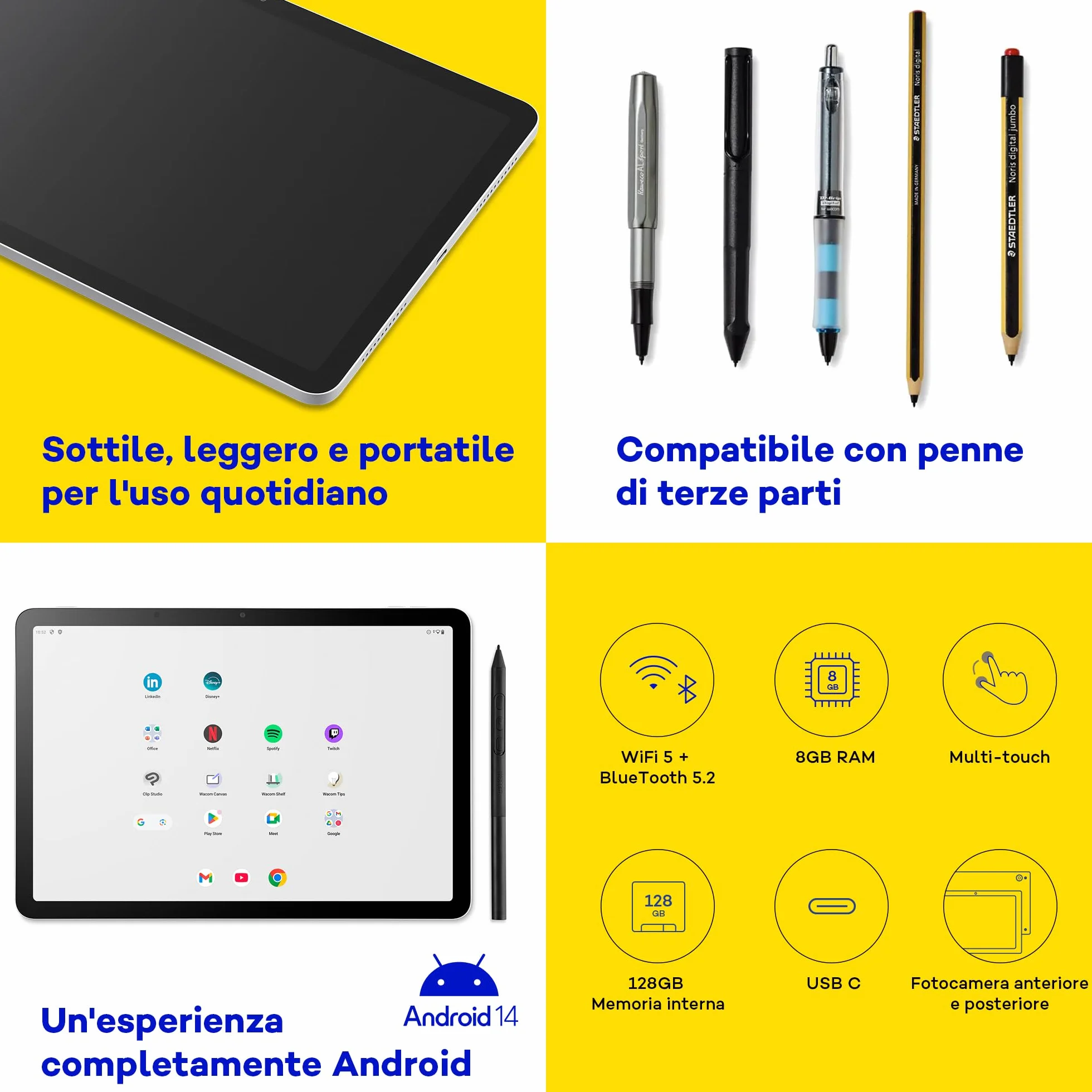 Wacom MovinkPad 11 Tavoletta Grafica, tablet Android 14 (11″) per giovani creativi, con Wacom Pro Pen 3, display nitido, vetro opaco, fotocamere fronte/retro e app creative preinstallate