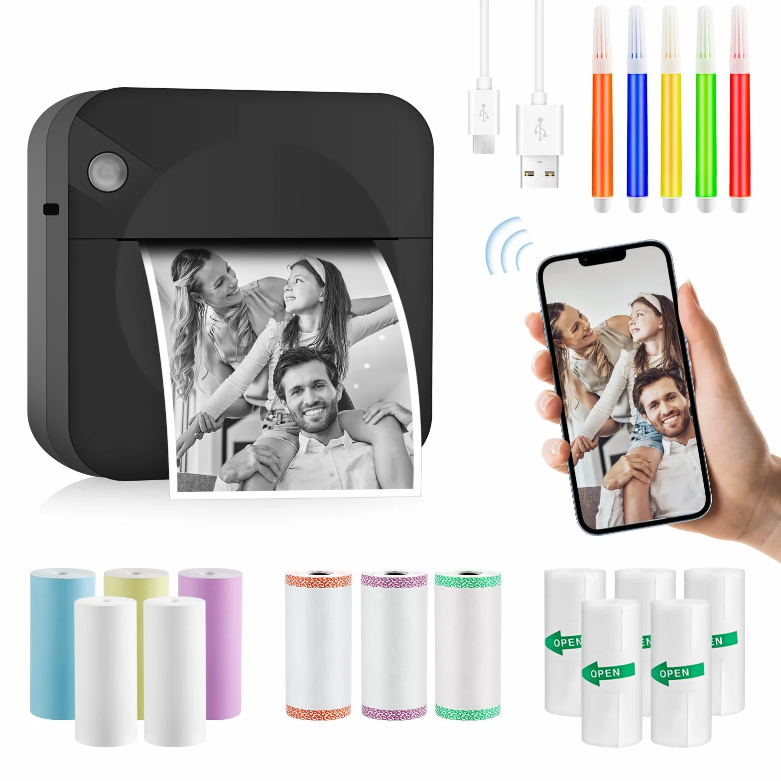 Mini Stampante Fotografica, Mini Stampante Termica,Stampante Fotografica Istantanea Portatile, Mini Stampante Termica Bluetooth con Ricarica USB Stampante, per Fotografica, Note, Diario, Elenco (Nero)