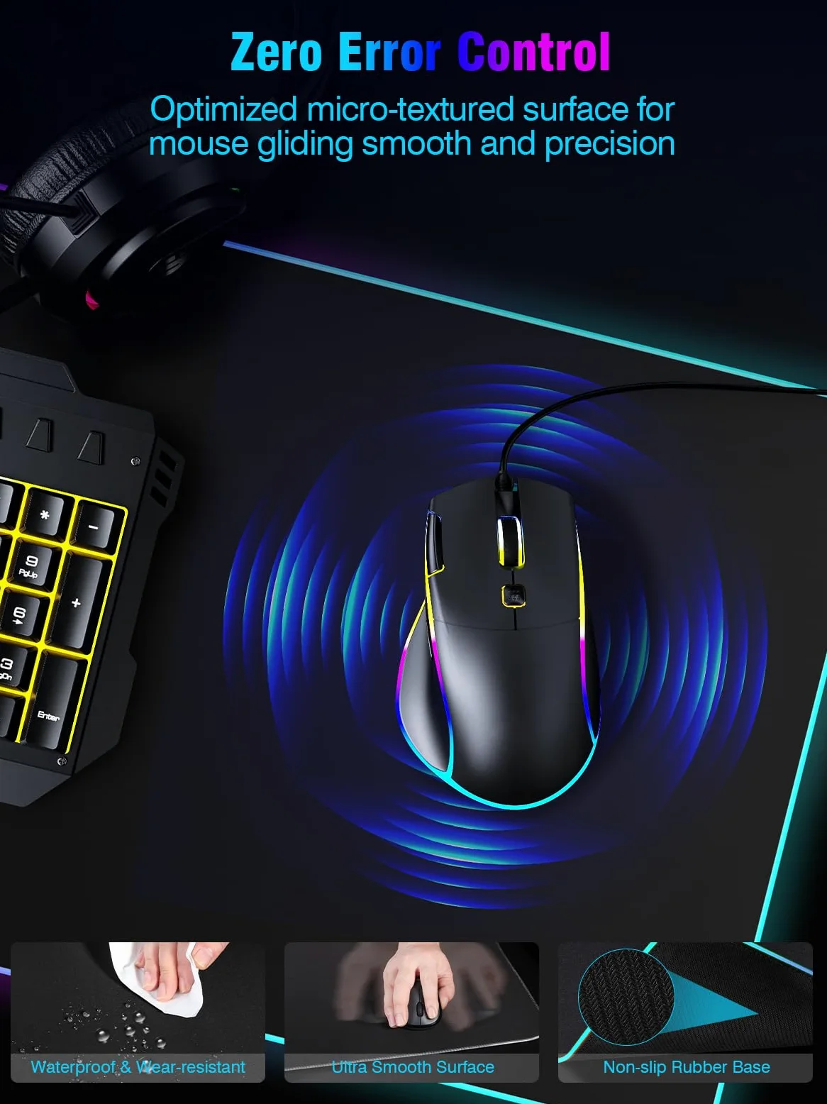 Tappetino per mouse con ricarica wireless magnetica, grande protezione per tappetino da scrivania, tappetino da scrivania nero RGB con caricabatterie rapido da 15 W, tappetino per mouse antiscivolo