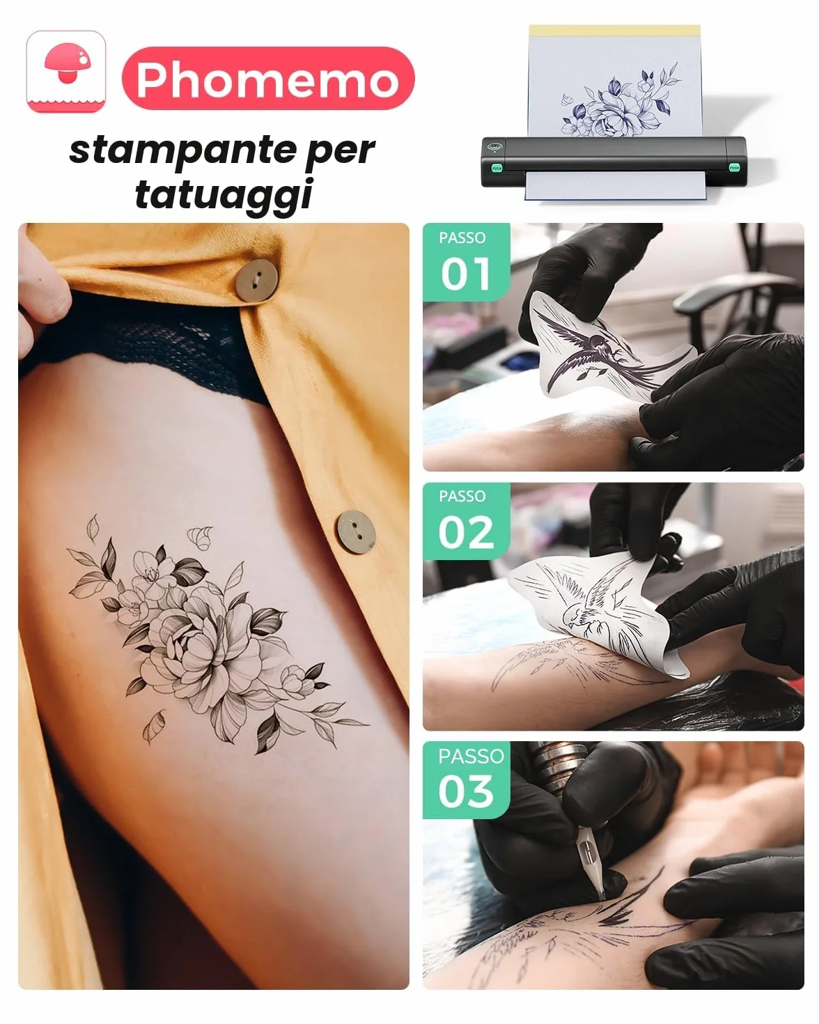 Phomemo M08F Stampante per Tatuaggi per Principianti e Artisti, Stencil Machine Compatibile Con Smartphone, Plotter Stampante Stencil Tattoo con 10 Fogli Trasferimento