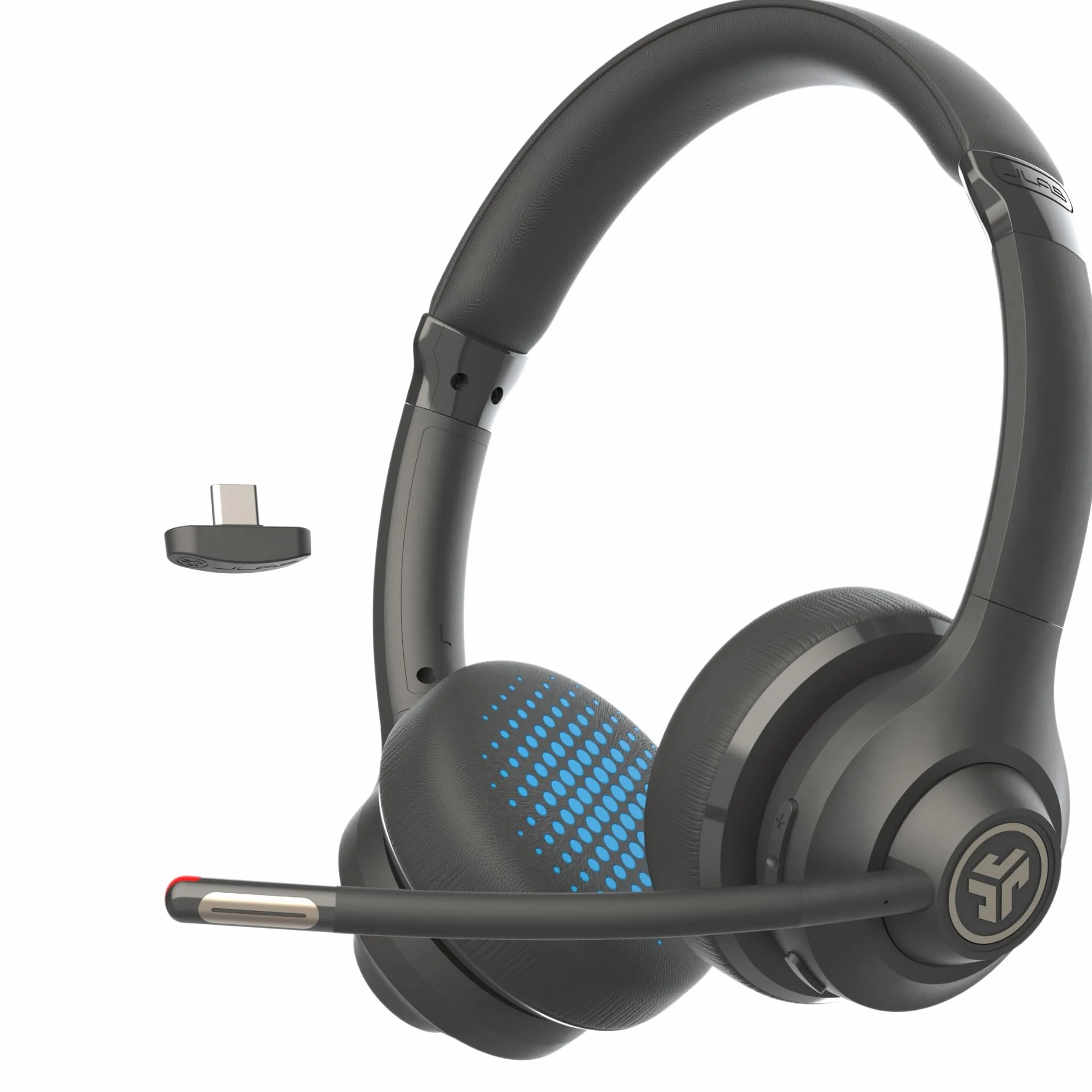 JLab Go Work - Cuffie wireless di seconda generazione con microfono – 55+ Playtime Bluetooth o USB-C Dongle per PC, connessione multipunto a computer e cellulare, cuffie on-ear cablate o wireless per