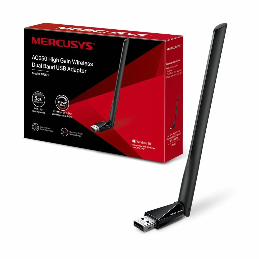 Mercusys TP-Link MU6H Adattatore WiFi AC650 USB ad Alto Guadagno Dual-Band 200Mbps 2.4GHz 433Mbps 5GHz