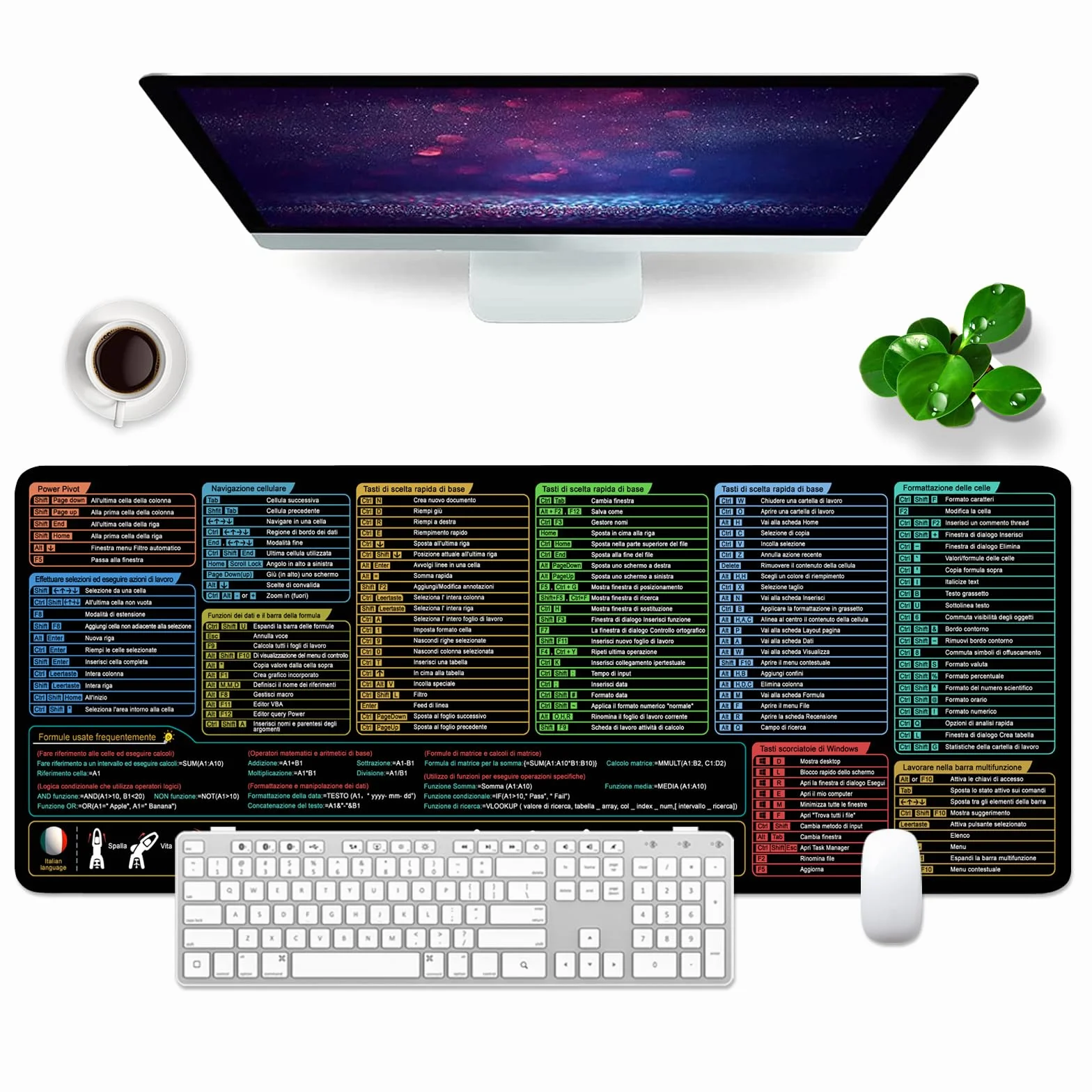 Excel Grande tappetino per il mouse, misura XL, per il gaming, la scrivania, motivo scorciatoie da tastiera in italiano, di colore nero