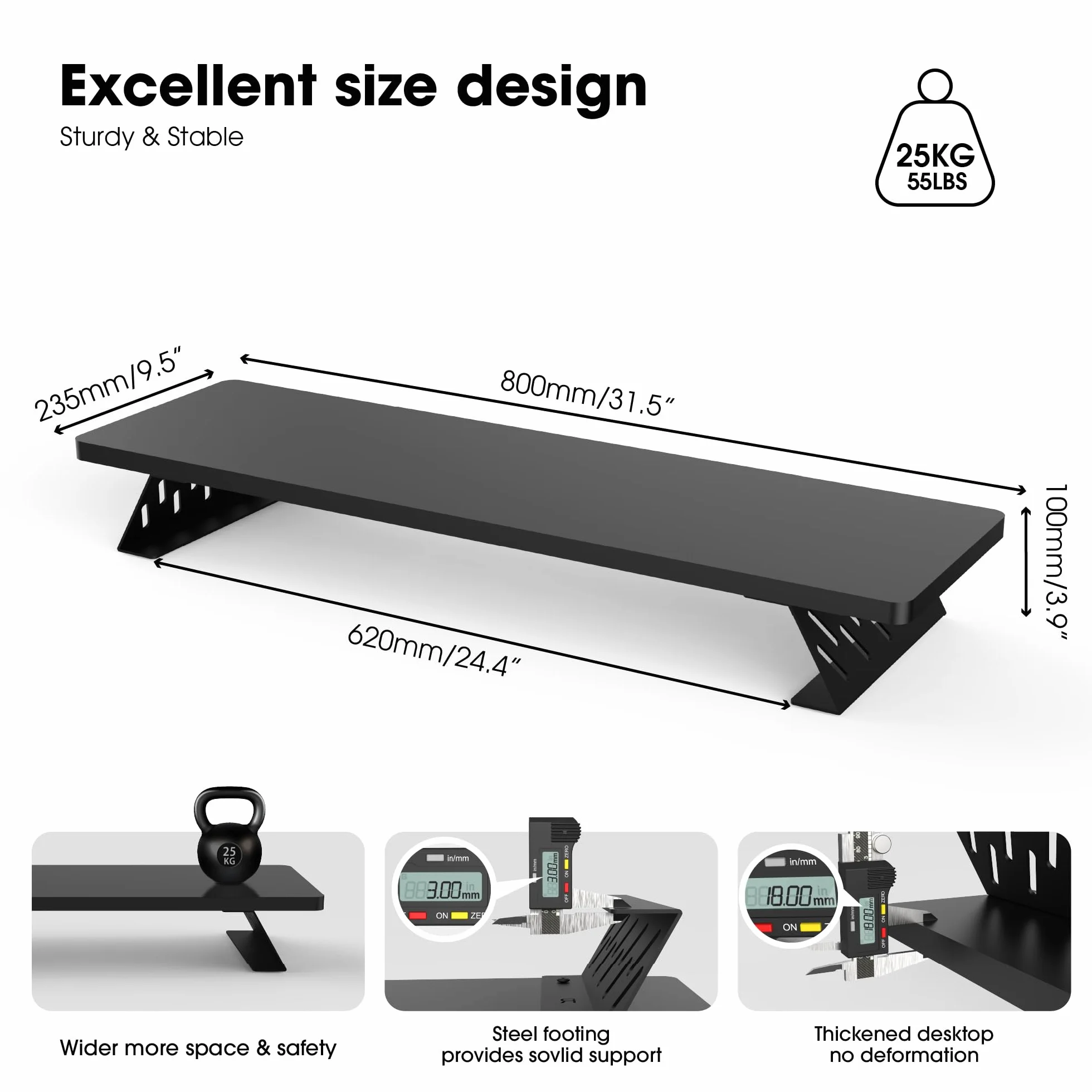 Fenge Supporto per Doppio Monitor in Legno, Organizer Ergonomico per Scrivania per PC, Laptop Stampante, L80xW23,5 xH10cm Capacità di Carico 25KG Nero