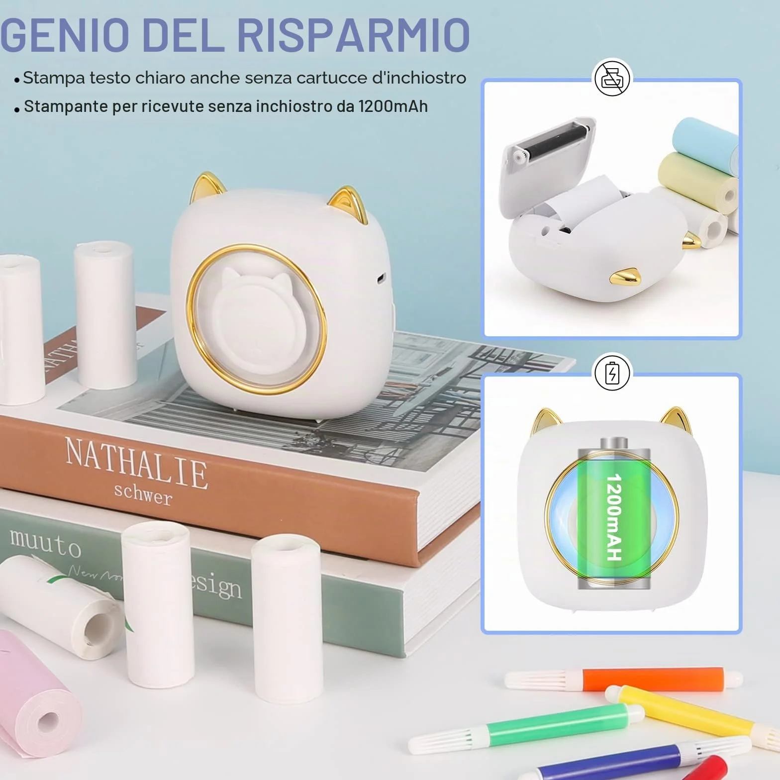 GuKKK Mini Stampante Fotografica, Mini Stampante Termica con LED colorati, Stampante Fotografica Istantanea Portatile, Mini Stampante Termica Bluetooth Ricarica USB, per Note, Diario, Elenco