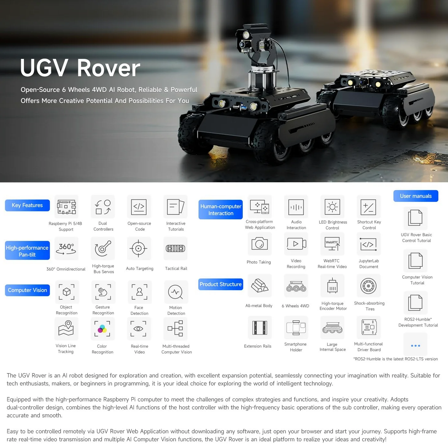 Waveshare UGV Rover Open-Source 6 Wheels 4WD AI Robot,Compatible with Raspberry Pi 5, Dual Controllers, Comes with Pan-Tilt Module, PI5-4GB Included