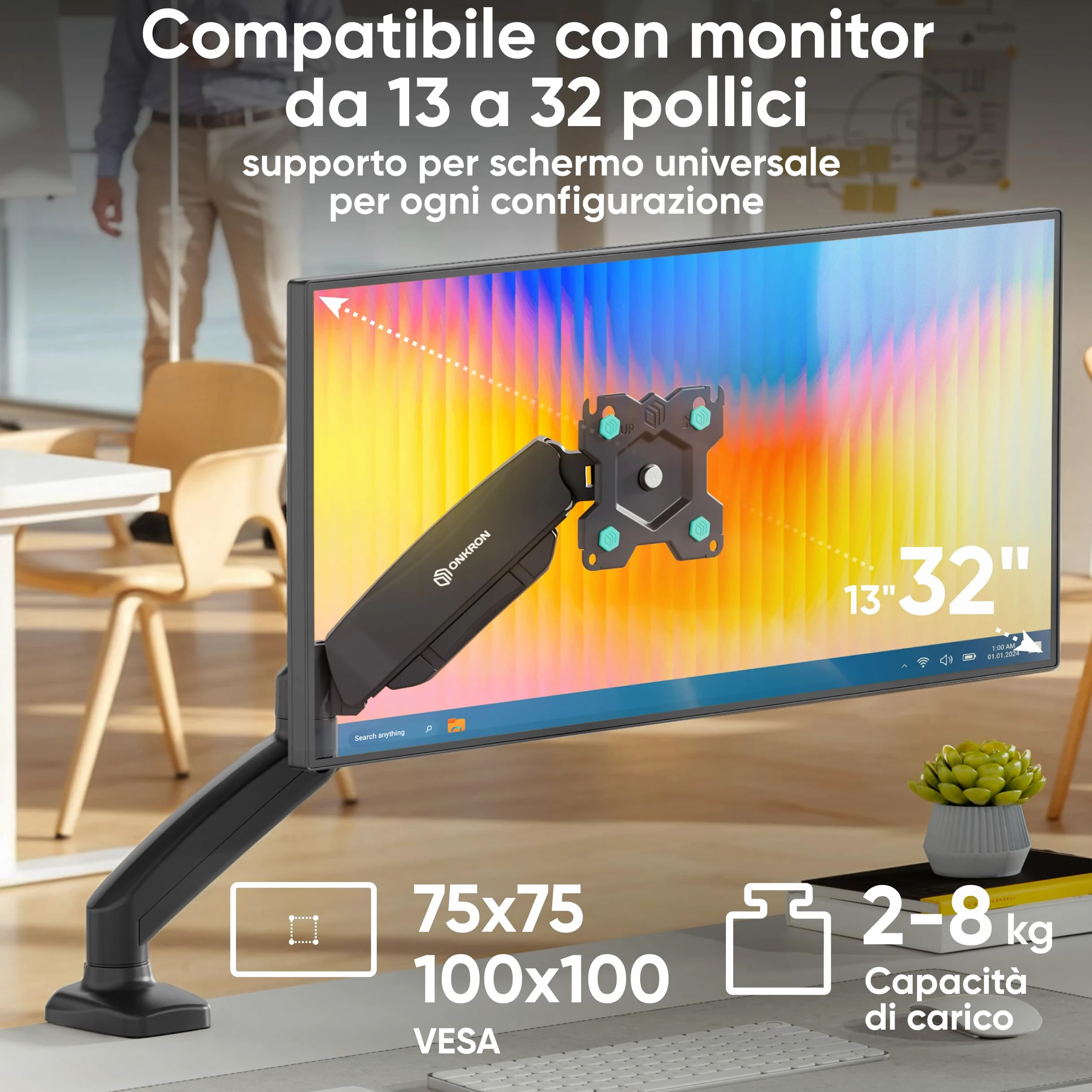 ONKRON Supporto Monitor da 13 a 32 pollici - Braccio Monitor Scrivania con Peso fino a 8 kg - Staffa Monitor Scrivania Universale con max VESA 100x100 mm/Supporto TV Girevole e Inclinabile G80-B Nero