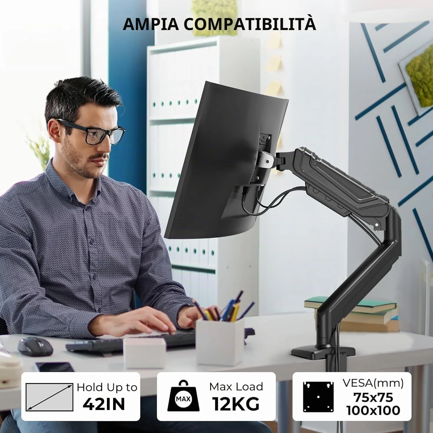 BONTEC Supporto Monitor da Scrivania 15-34 Pollici, Braccio Monitor a Gas Ergonomico Fino a 12 KG, Vesa 75x75 100x100, Inclinazione Rotazione Altezza Regolabile, Staffa Stabile con Gestione Cavi