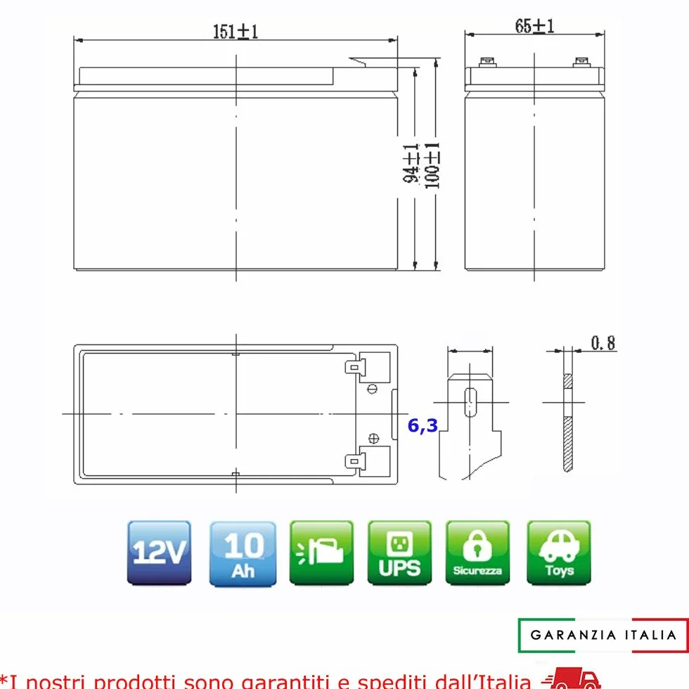 BATTERIA ERMETICA AL PIOMBO 12V 10AH RICARICABILE UPS 150X66X95