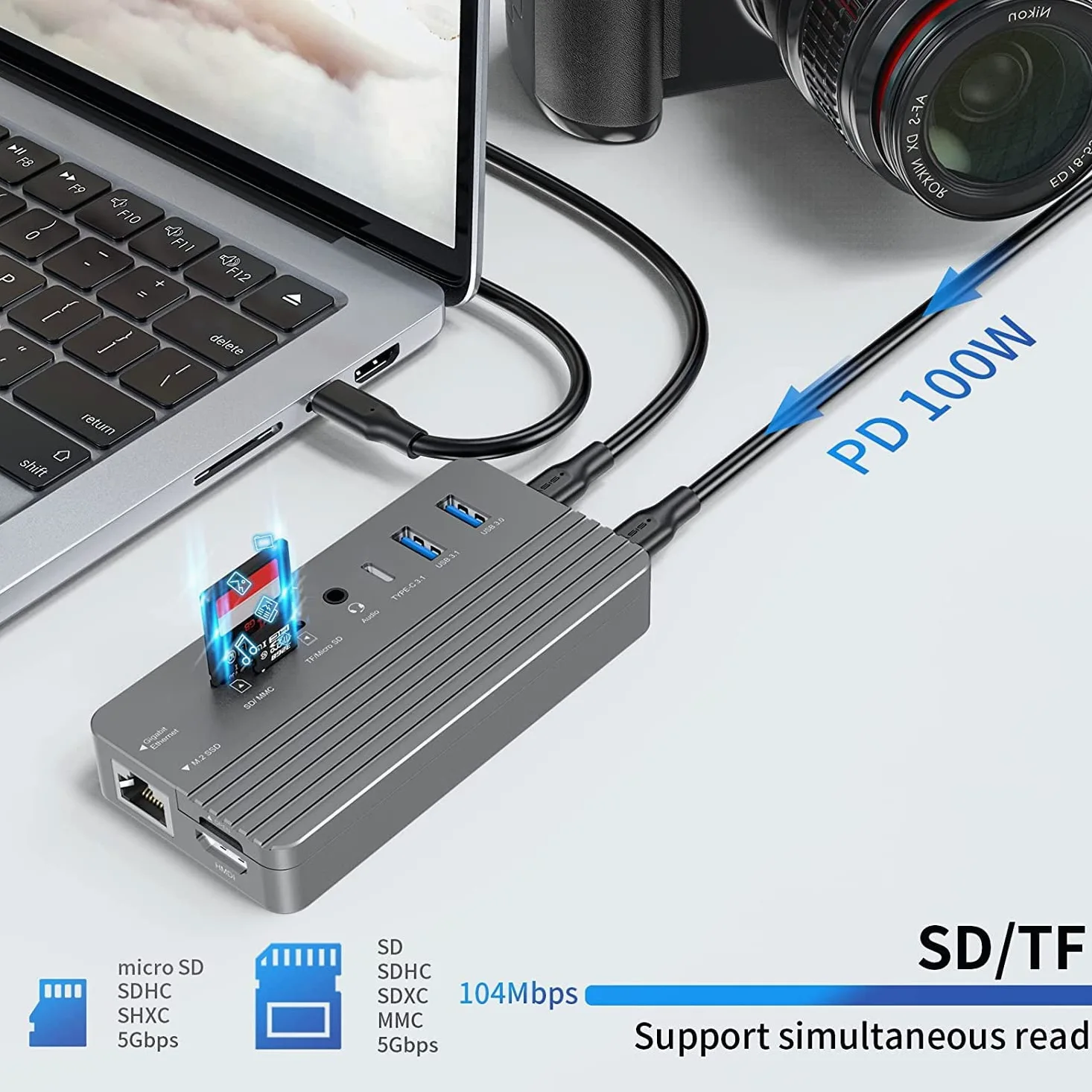 Hub USB-C con Custodia per Disco Rigido, Adattatore hub USB C 10 in 1 con Custodia per Disco Rigido Esterno SSD M.2, HDMI 4K, USB 3.0, Lettore di Schede SD/TF Compatibile con Laptop, IPad (Grigio)