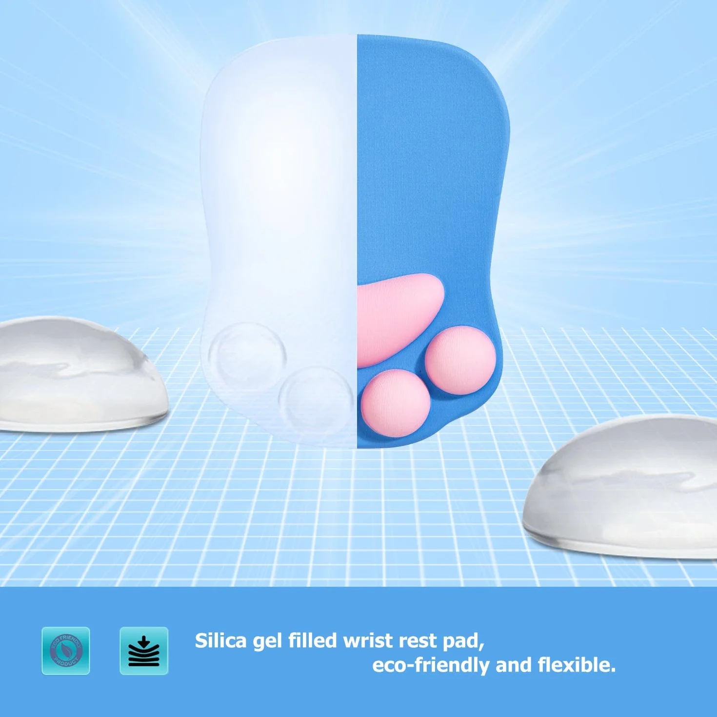 Tappetino Mouse con Poggiapolsi, Mouse Pad Ergonomico, Tappetino per Mouse con Zampa di Gatto Carino, in Morbido Silicone, Base Antiscivolo, per casa/ufficio/gioco, Blu e Rosa