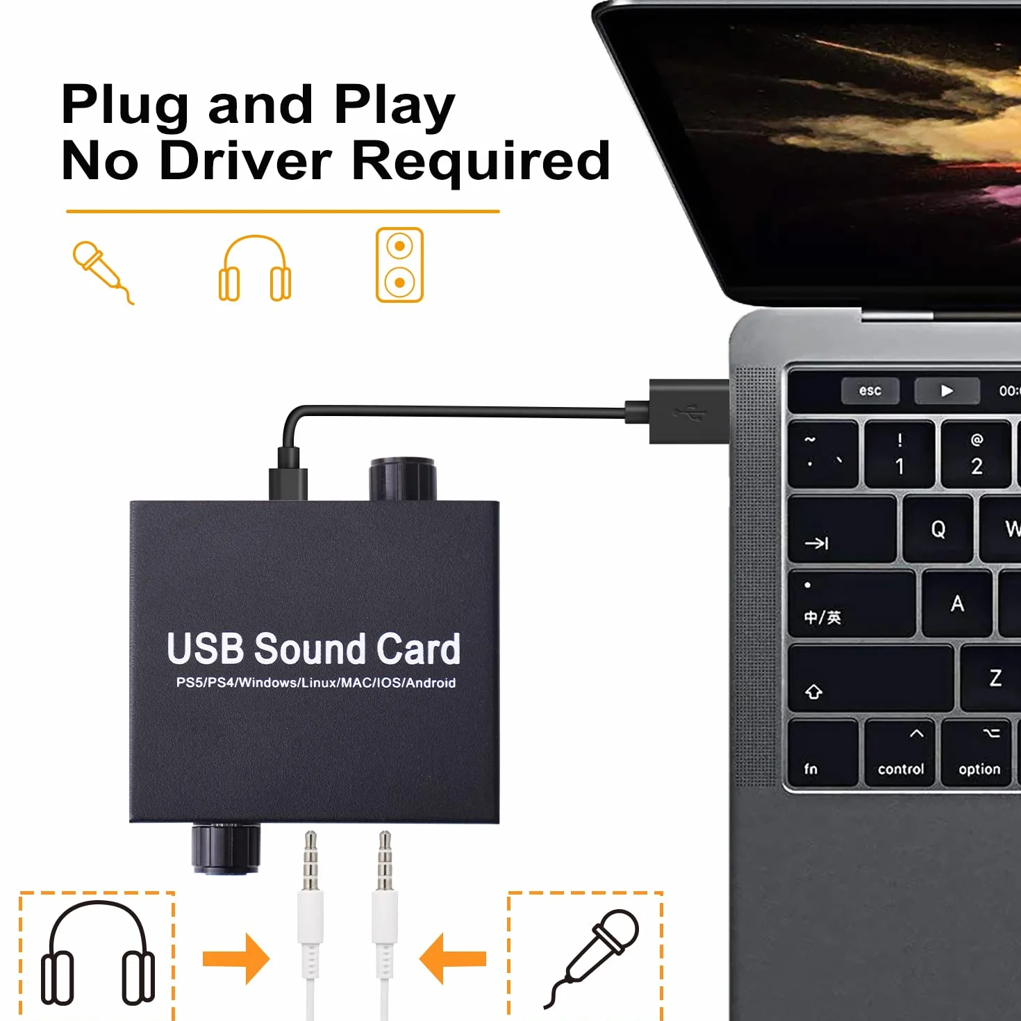 Scheda Audio USB, Tendak Scheda Audio Stereo Esterna Adattatore Audio USB con Porta per Cuffie e Microfono da 3,5mm, Controllo Volume, Regolazione Bassi per PC Laptop Desktop PS5, Windows, Mac, Linux