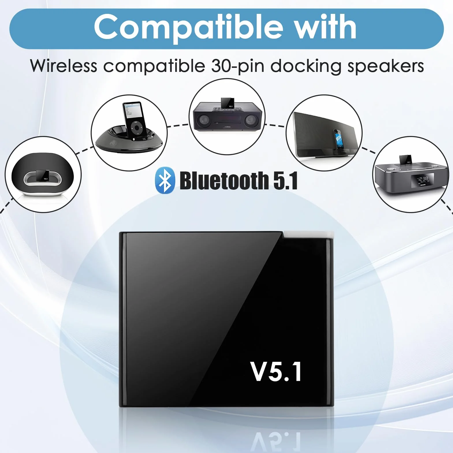 Adattatore Bluetooth 5.1 30 pin per Bose e altri dispositivi con AptX e connessione stabile fino a 20 metri, adattatore Bluetooth per auto e catena Hi-Fi