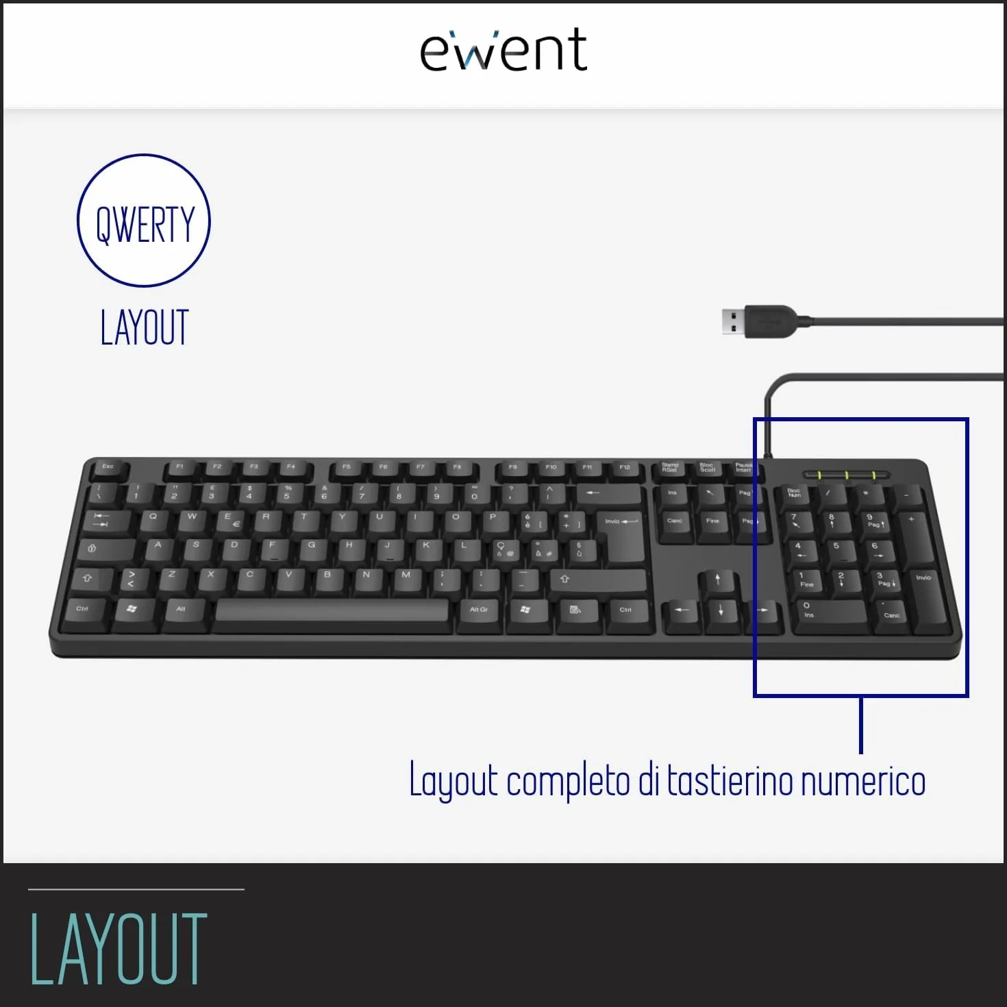 Ewent Tastiera Professionale USB Cablata, Layout Italiano QWERTY, Tastiera con filo per PC/Notebook/Laptop, Mac/Windows, nera