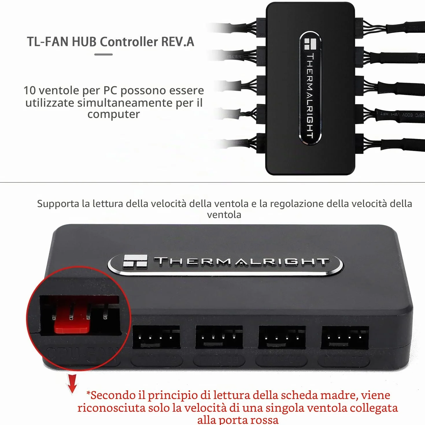 Thermalright FAN HUB Controller REV,controller di ventole per PC a 10 porte e 4 pin, Fan Hub a 12 V, pasta forte + aspirazione magnetica, ingresso diretto del cavo di alimentazione SATA