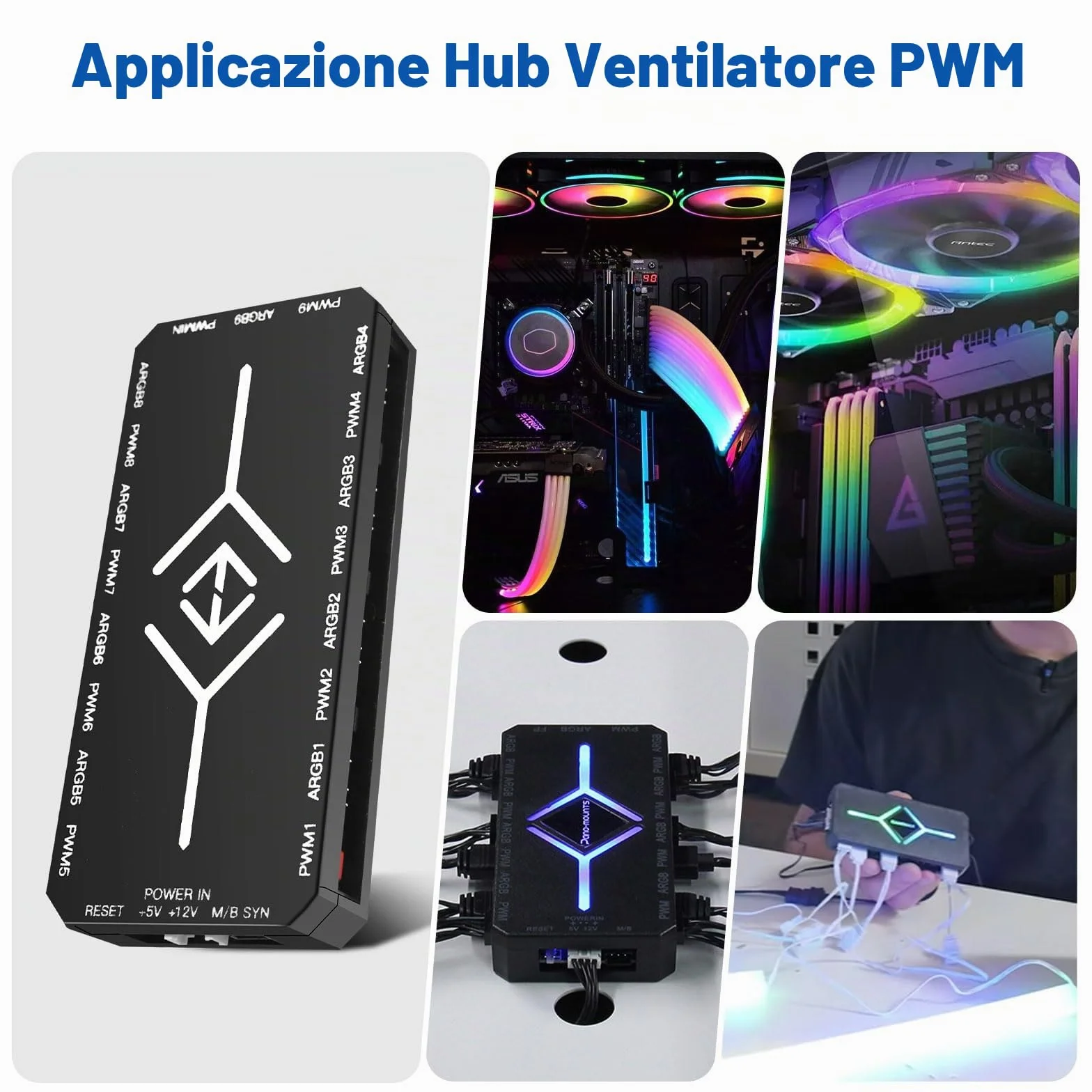 Controller RUIZHI 2-in-1 ARGB PWM Fan Hub mit 9 x 4Pin PWM Fan Connectors & 5V 3Pin Porte con Base Magnetica e Porta SATA Power 18 per Illuminazione RGB/Controller RGB (nero)