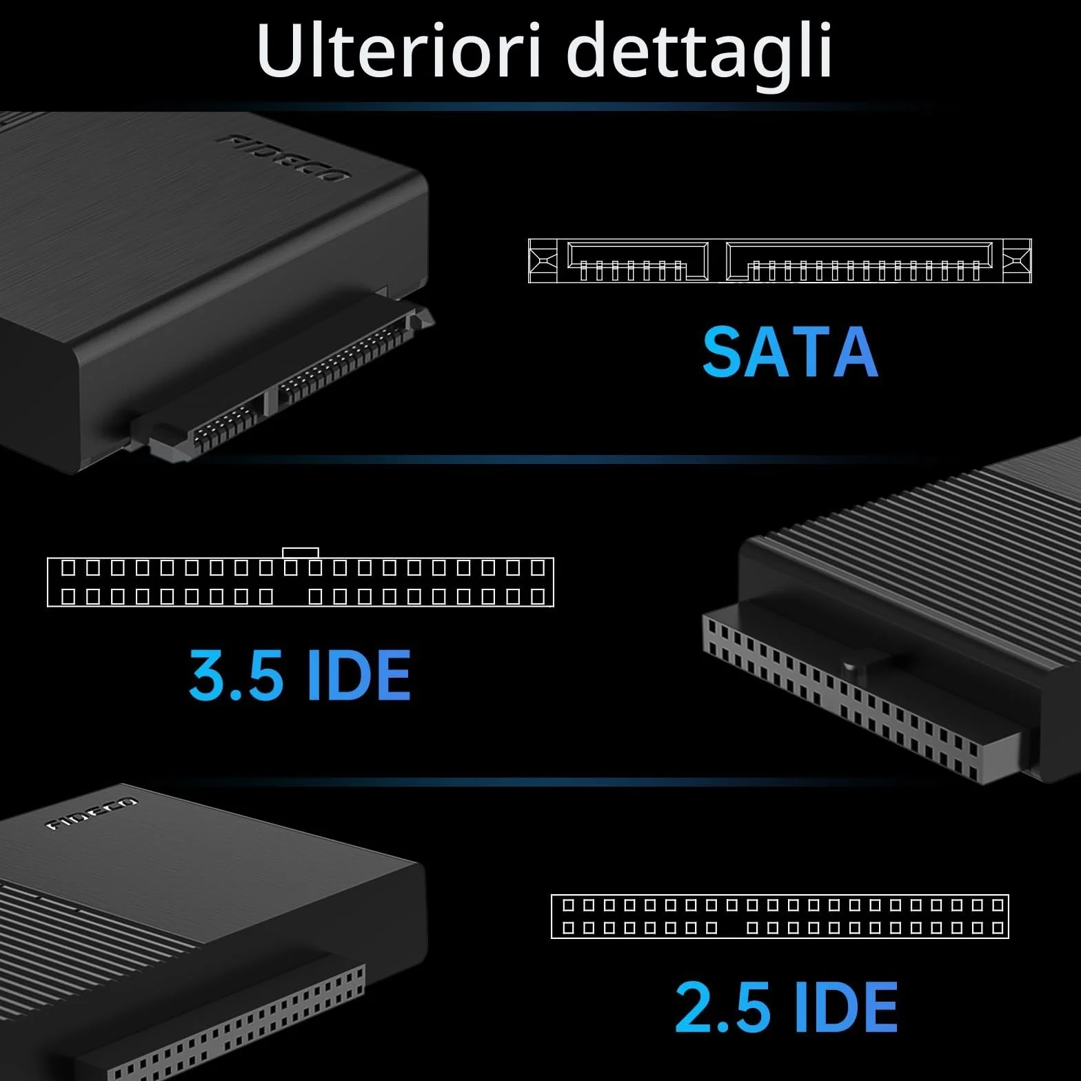FIDECO Adattatore Disco Rigido USB 3.0 per 2.5"/ 3.5" HDD/SSD, convertitore SATA e IDE con alimentazione DC 12V 2A