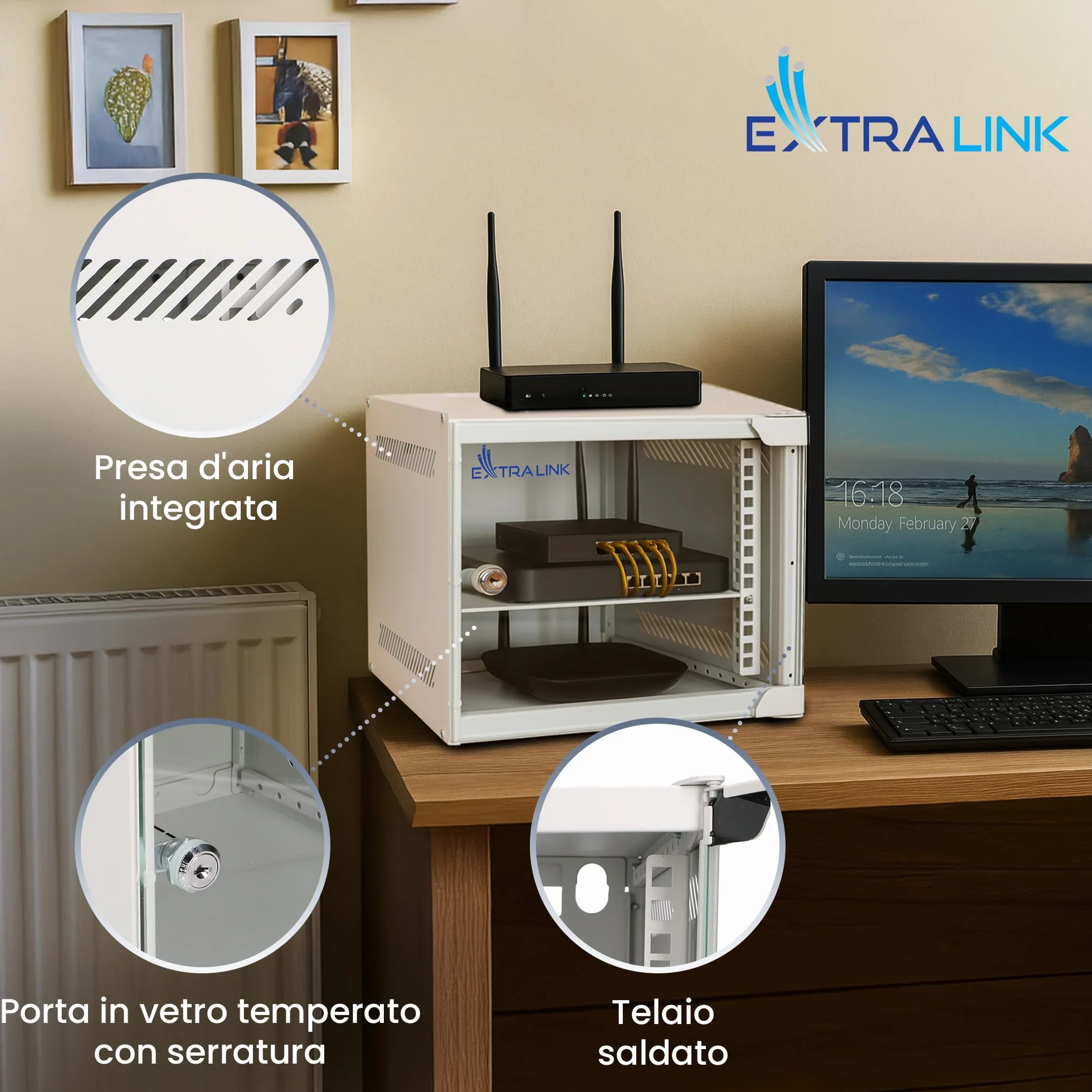Extralink Armadio Rack 10 cali 4U 310 mm 30 kg drzwi szklane otwierane 180° szary