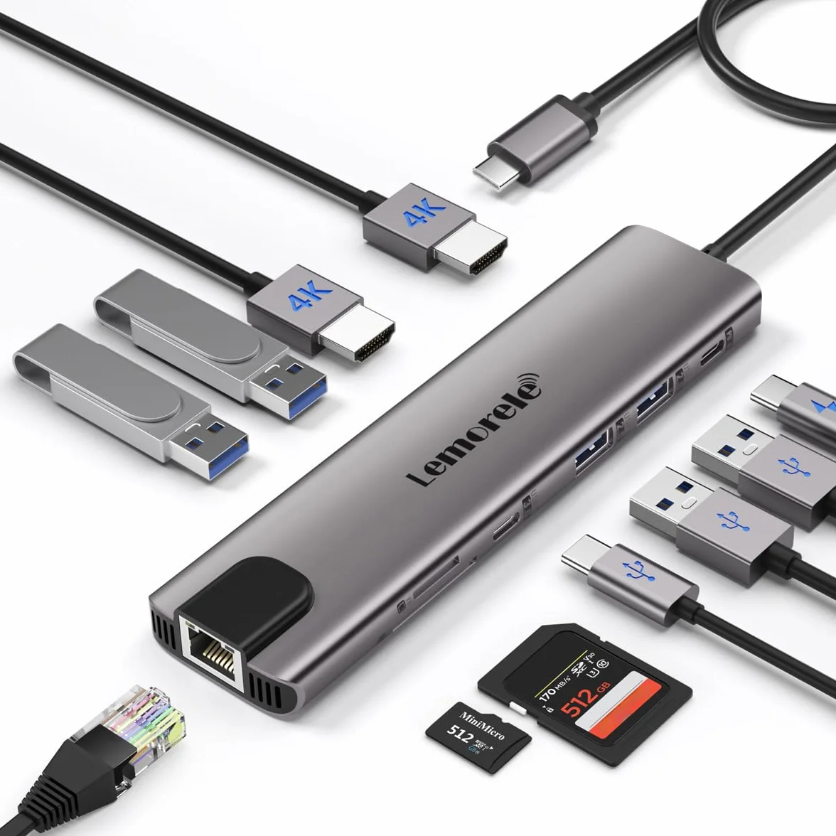 Alluminio Docking Station USB C Hub 2 HDMI 4K Ethernet Gigabit, 4 USB 3.0/2.0, USB-C 3.0, PD100W, SD TF, 1000M RJ45 Lan Doppio HDMI Dock Usbc Dual Monitor Multiporta Adattatore MacBook Lemorele 11in1