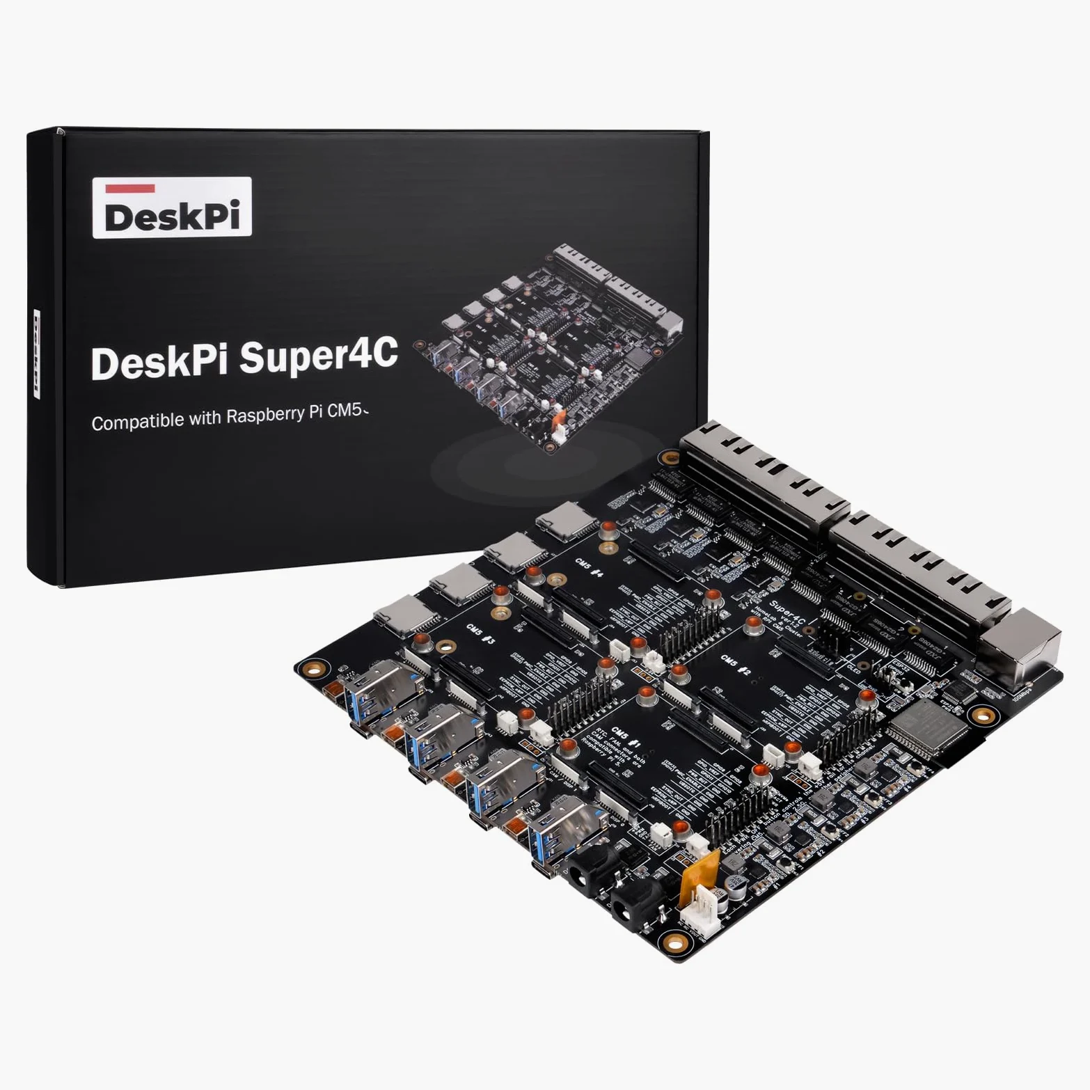 DeskPi Super4C per Raspberry Pi Compute Module 5, Cluster Mini-ITX Board Supporta 4 CM5, 2,5 GbE + rete 1 GbE, M.2 NVMe, montaggio a rack 1U, alimentatore da 89 W incluso