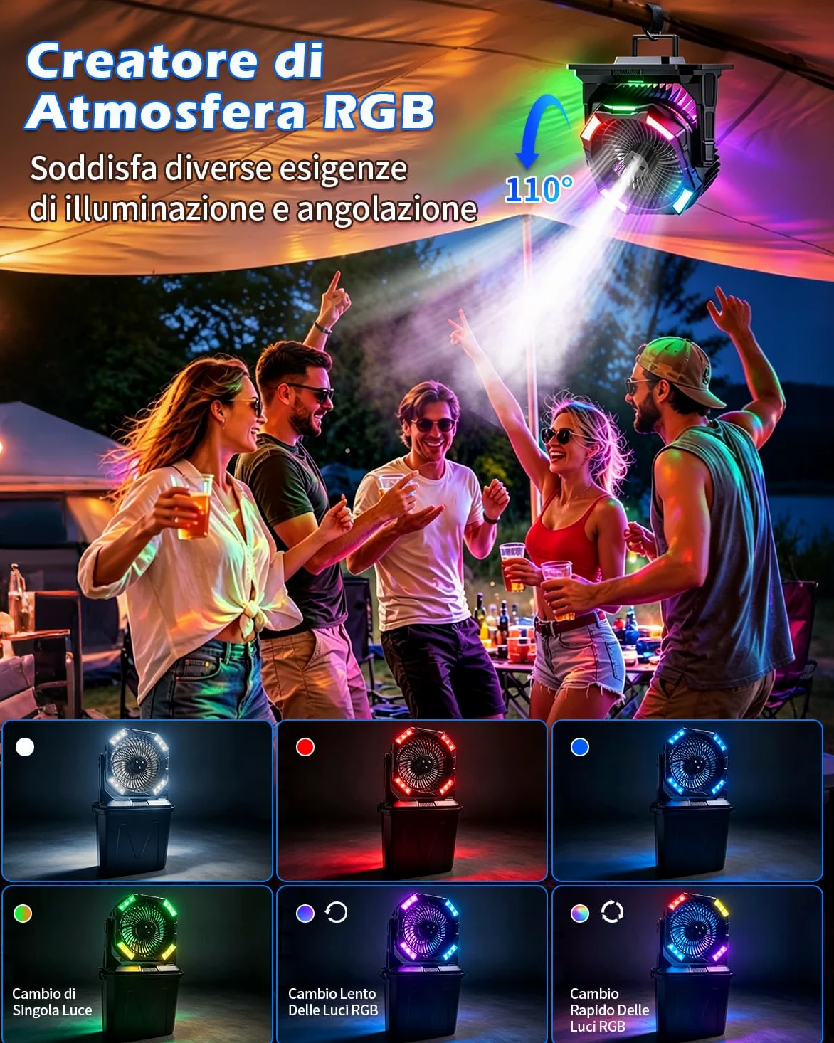 yAyusi 10L Grandi Ventilatore Nebulizzatore Portatile per Esterni con Luce RGB, 3-in-1 20000mAh Ventilatore Ricaricabile con Telecomando e Timer,4 Velocità Vento 4 Modalità Spruzzo per Patii/Camp/Golf