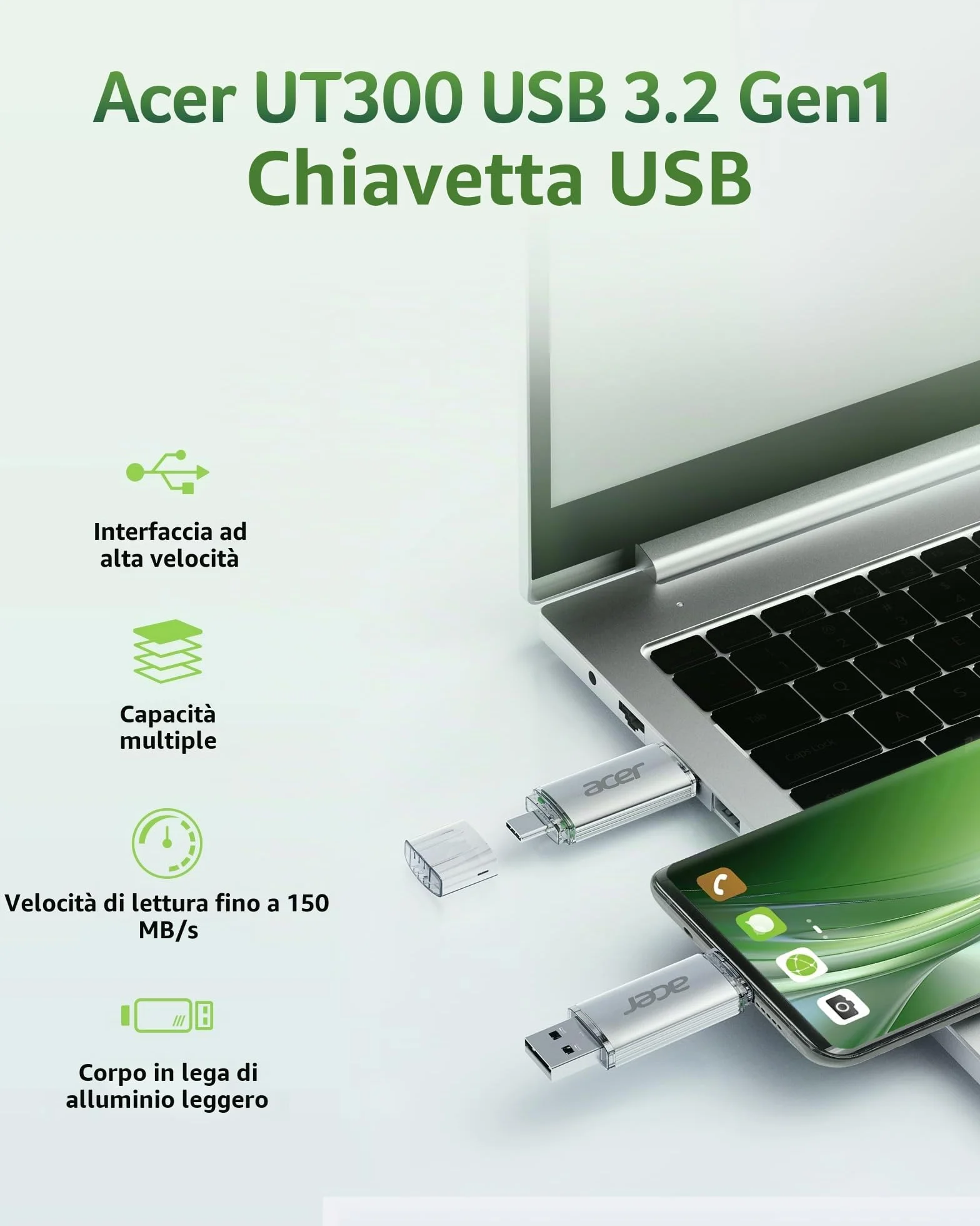 Acer Chiavetta USB UT300 256GB USB 3.2 Gen1 Fino a 150MB/s con Doppia Porta Tipo-A & Tipo-C Chiavetta USB per PC/Laptop/MacBook/Smartphone