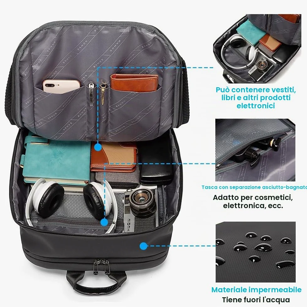 BG FUTURE AESTHETICS BANGE Smart Business Zaino da viaggio impermeabile con porta di ricarica 3.0 per uomini e donne