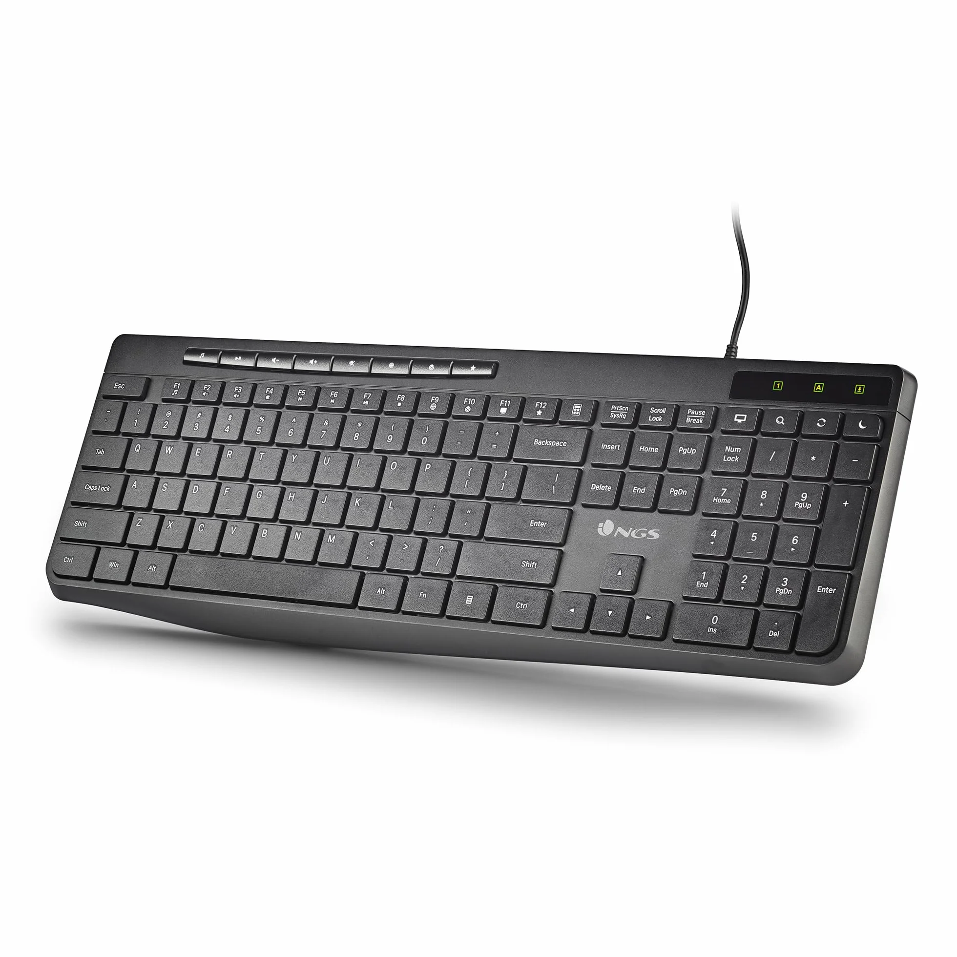 NGS Spectra French - Tastiera Multimediale Ultra Slim con Connessione USB-A, Tasti Silenziosi, 8 + 12 Tasti Multimediali, Resistente agli Schizzi, Fino a 10 Milioni di Battute, Design Ergonomico