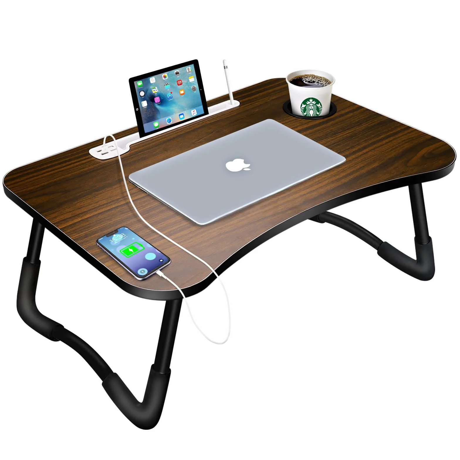Tavolino da Letto, Tavolo Laptop Pieghevole con 4 Interfaccia USB, Cassetto, Slot per Tazza, Supporto per Tablet, Scrivania per Letto, Divano, Pavimento (60x40cm, Marrone)