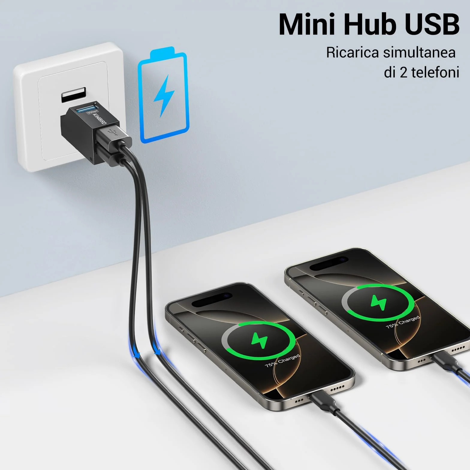 KiWiBiRD sdoppiatore USB multipla, hub USB 3.0 2x USB2.0, doppia presa USB splitter adattatore duplicatore ricarica ciabatta per PC compatibile con chiavetta stampante tastiera mouse cuffie