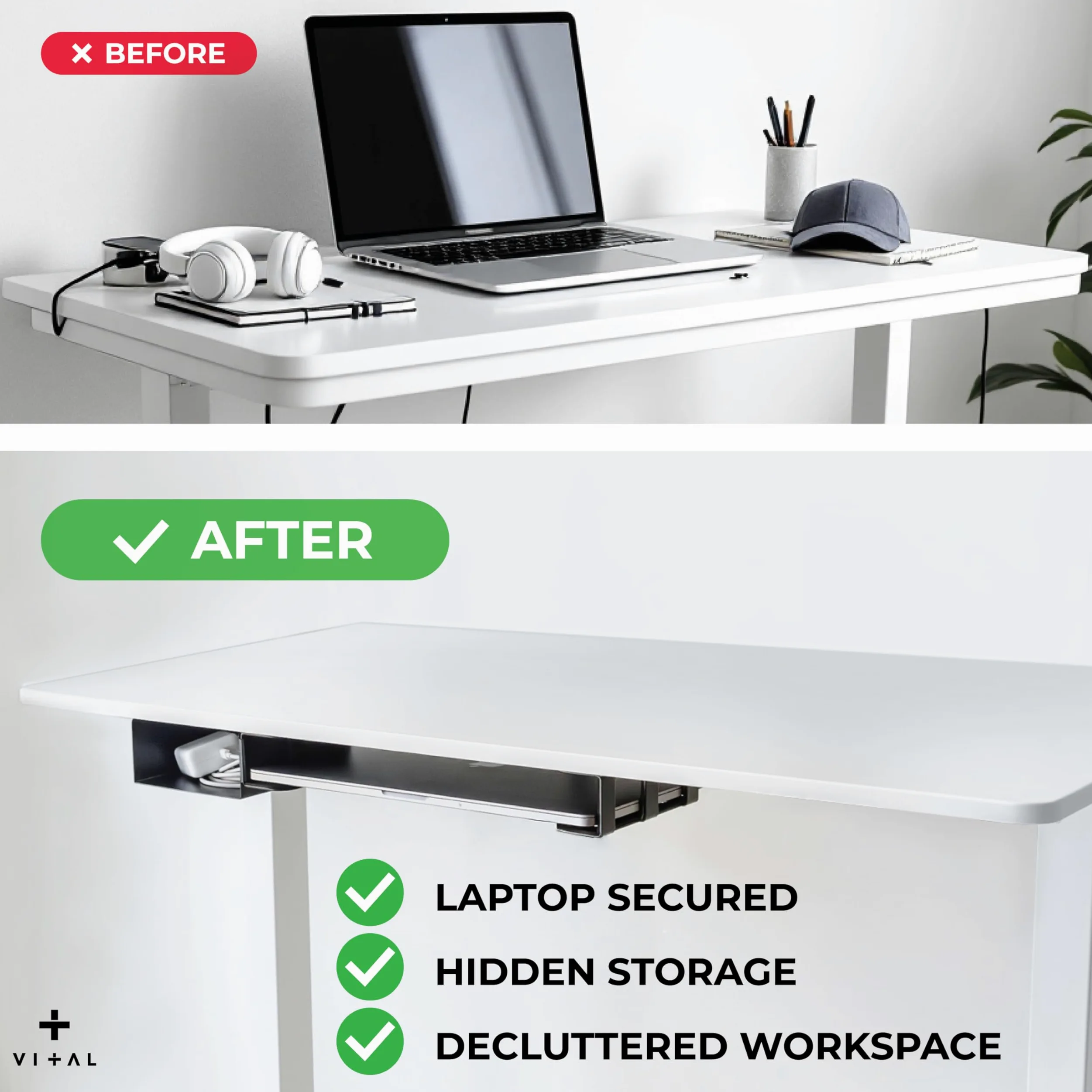 VI+AL Supporto da scrivania per computer portatile, ripiano nascosto in metallo con spazio laterale, si installa con nastro e viti, adatto a dispositivi fino a 4,3 cm di spessore, standard (senza