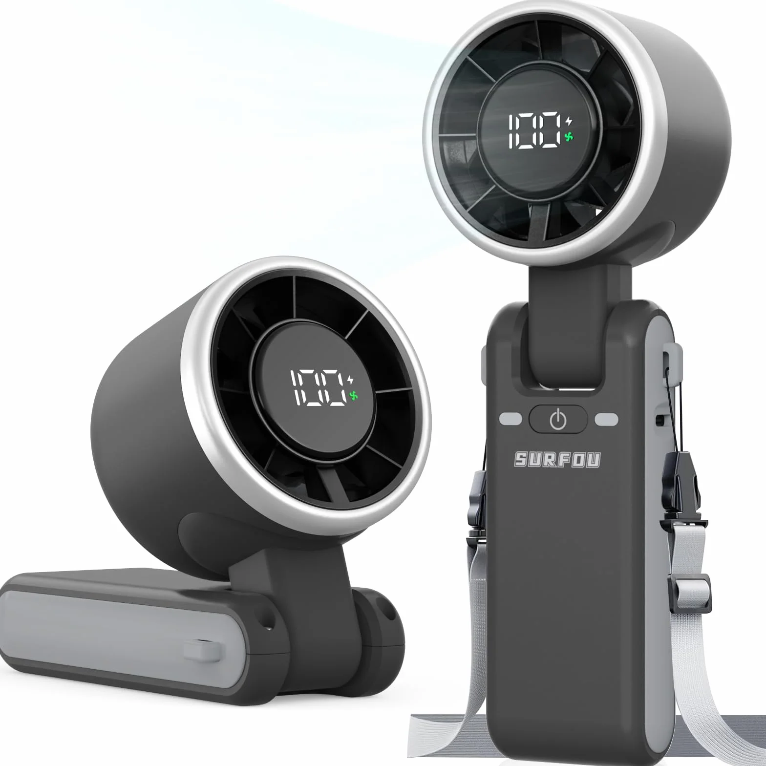 SURFOU Ventilatore Portatile 4000mAh, USB Ricaricabile con 5 Velocità e Display LED, 3 in 1 Pieghevole, da Tavolo o da Collo, con Flusso d'Aria Potente, per Viaggi, Ufficio ed Esterni (Nero)