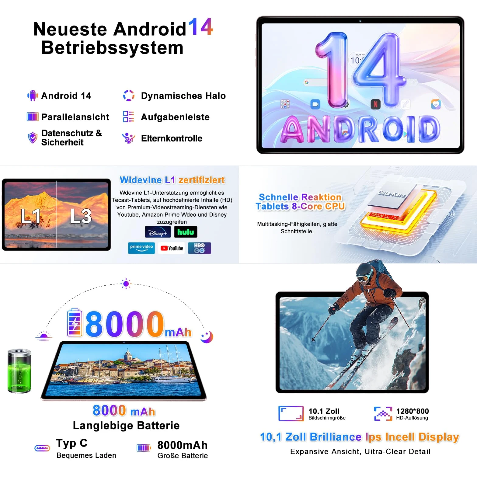 Tablet Android 10 pollici, 22 GB RAM + 128 GB ROM, Widevine L1, oro rosa | con tastiera mouse, 8000 mAh, Octa-Core, 5G WiFi, 1 TB di memoria estesa, 5MP+8MP