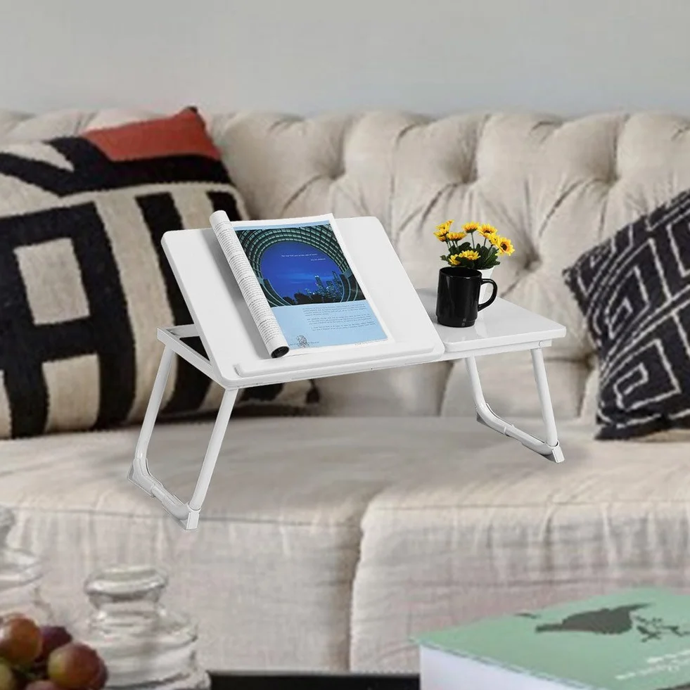 BAKAJI Tavolino Vassoio da Letto Divano per Notebook PC Laptop Pieghevole Leggio 65x30cm, Tavolino Colazione da Letto (Bianco White)
