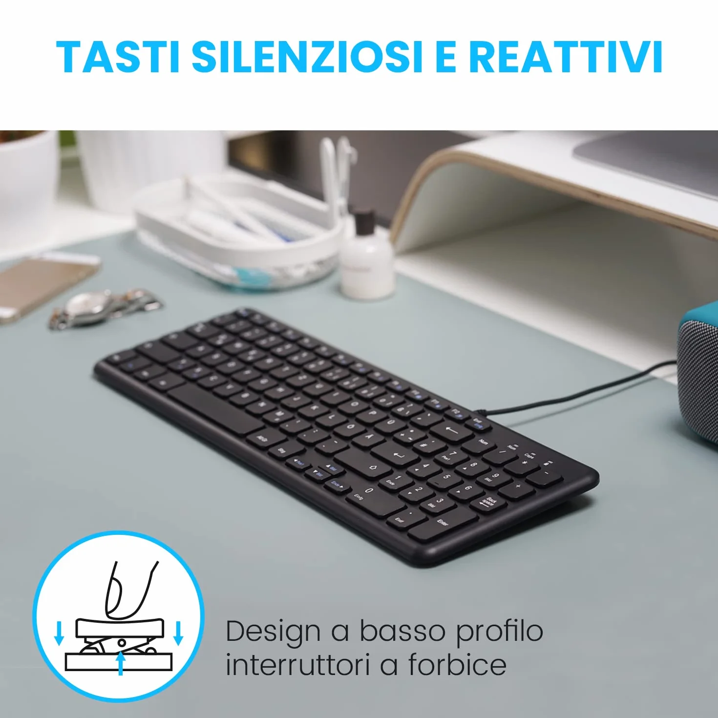 Perixx PERIBOARD-213B - Tastiera USB compatta cablata con tastierino numerico - Tasti silenziosi a basso profilo - Interruttori a forbice - Tasti multimediali - Layout italiano - Nero