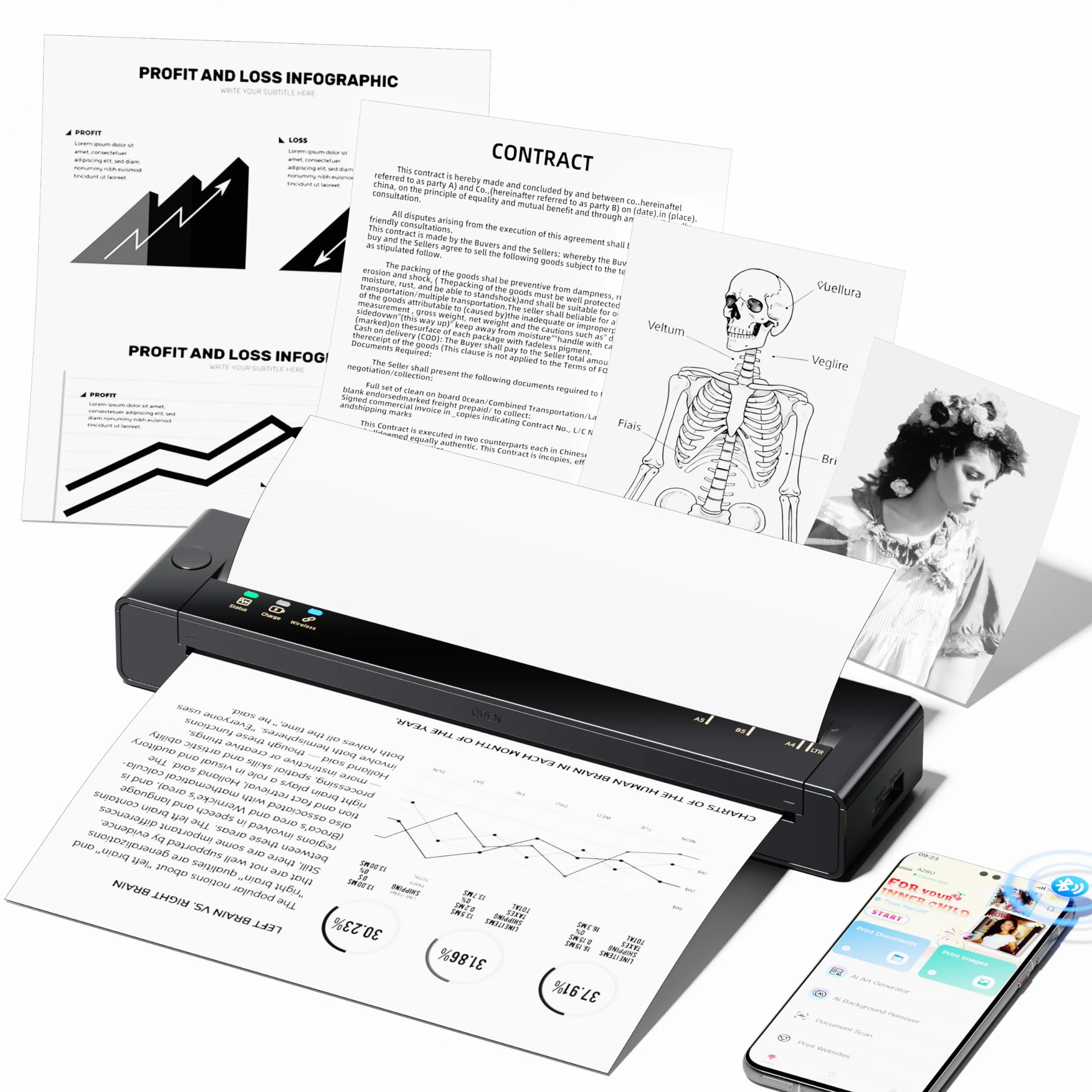 TATTMUSE Stampante Termica Portatile A4, Bluetooth, Stampa Contratti Documenti, Senza Inchiostro Nero e Bianco