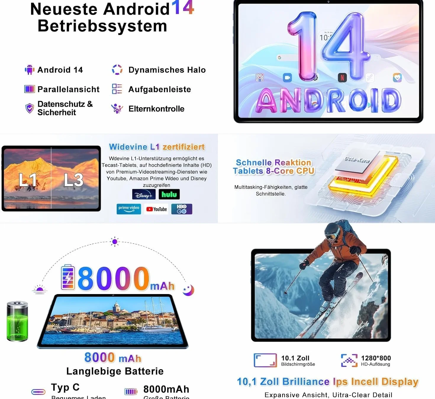 fezawio Android 14 Tablet 10 pollici 22 GB RAM + 128 GB ROM Octa-Core Tablet 5G WiFi, con tastiera mouse, 8000 mAh, (1TB TF) con collina-blu