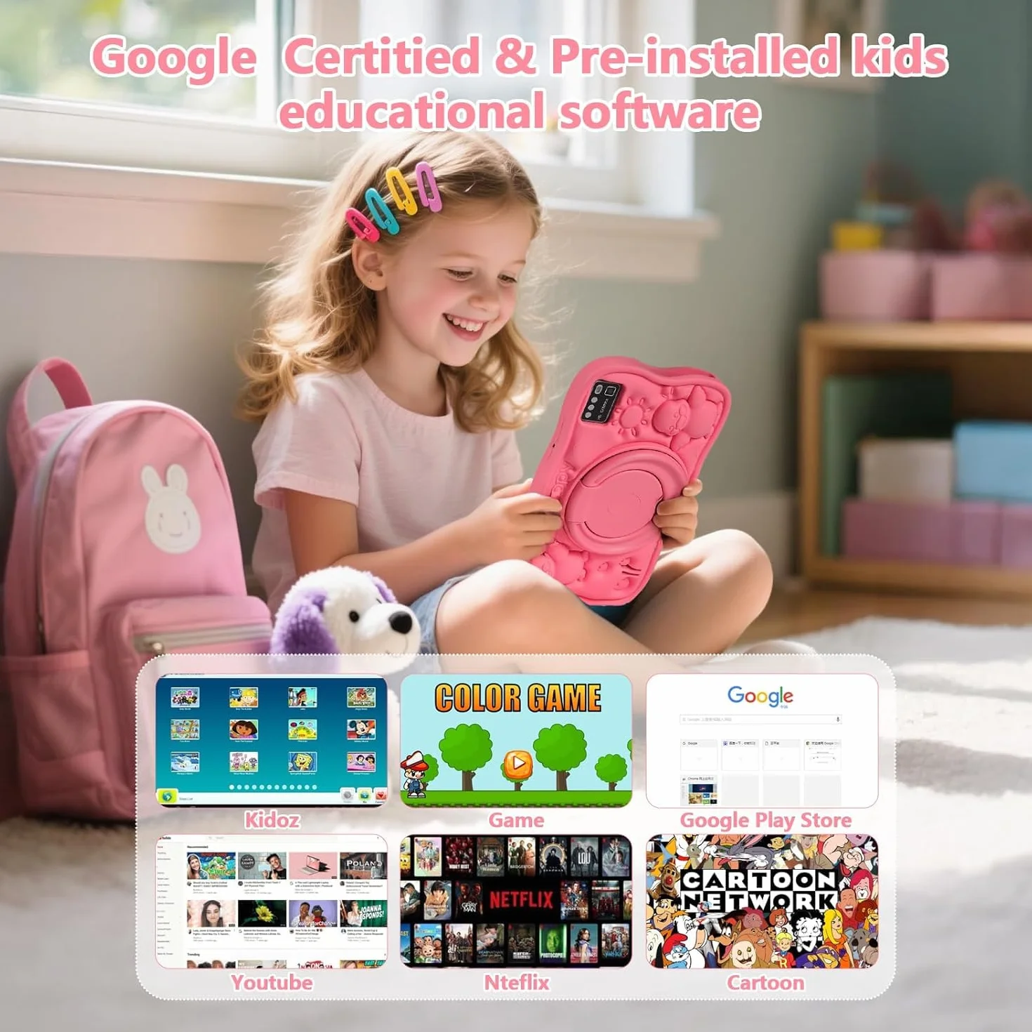 SUMTAB Tablet Bambini 7 Pollici con Controllo Parentale, Android 13 Tablette, 8 GB RAM 64GB ROM (256 GB Estensione) Bluetooth, WiFi,Tablet per Bambini con Custodia(Rosa)