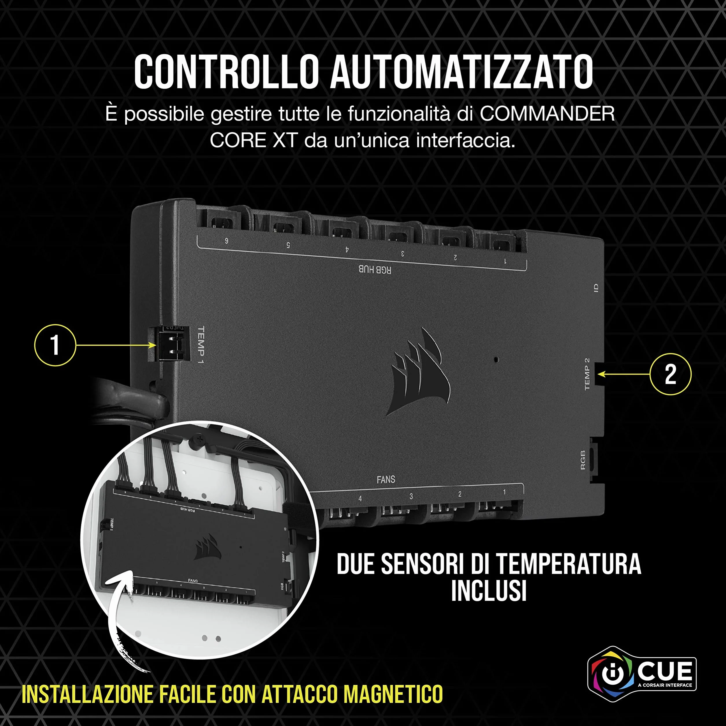 Corsair iCUE COMMANDER CORE XT, Controller digitale per la velocità delle ventole e l'illuminazione RGB (Fino a sei PWM ventole e 264 LED RGB, modalità Zero RPM, monitoraggio temperatura) Nero