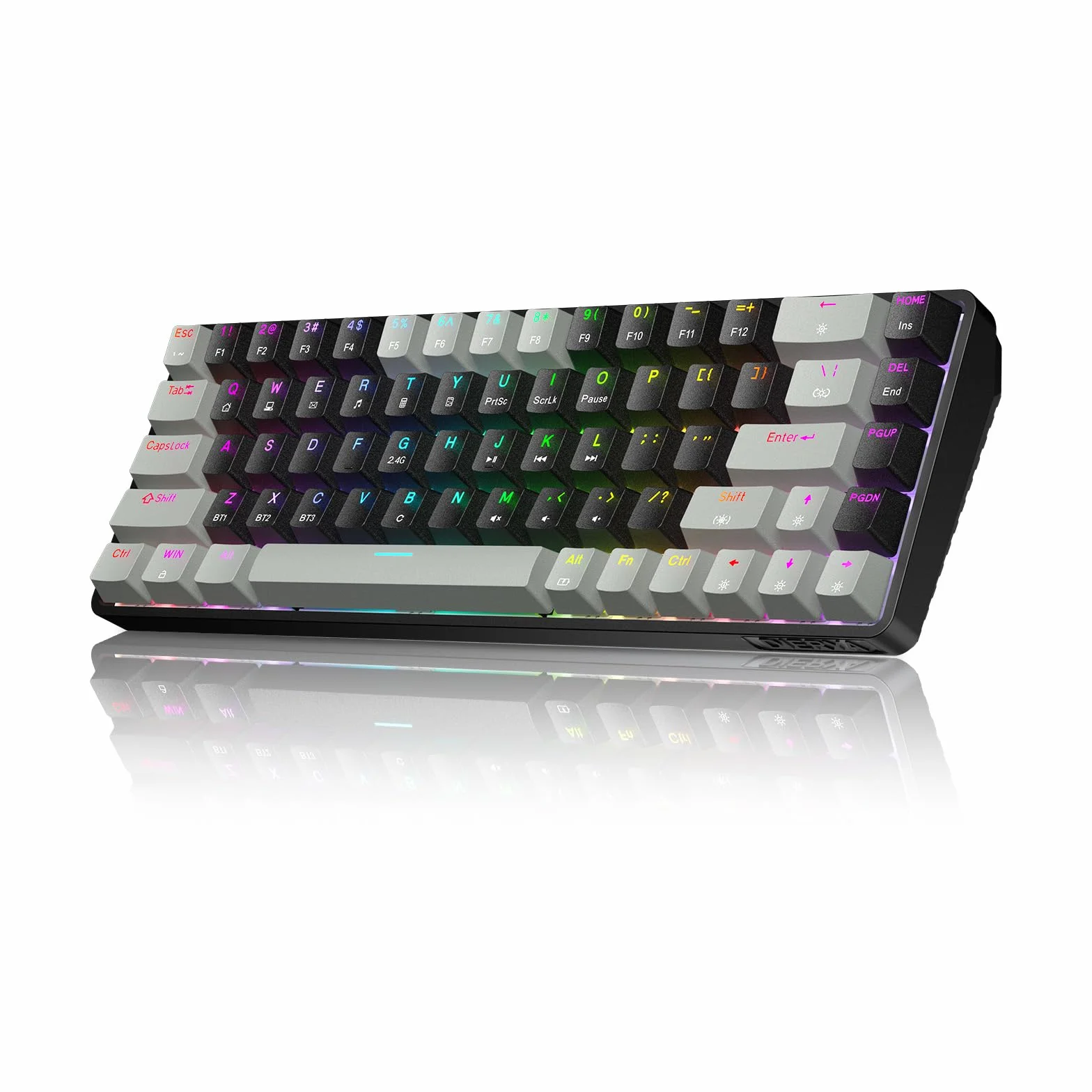 Dierya DK68 Tastiera Gaming Wireless,60% Tastiera Meccanica Bluetooth/2.4G/USB-C RGB,Interruttore Rosso,Double-Shot ABS Keycaps Compatibile con Win/Mac,Nero grigio-B(Layout US,QWERTY)