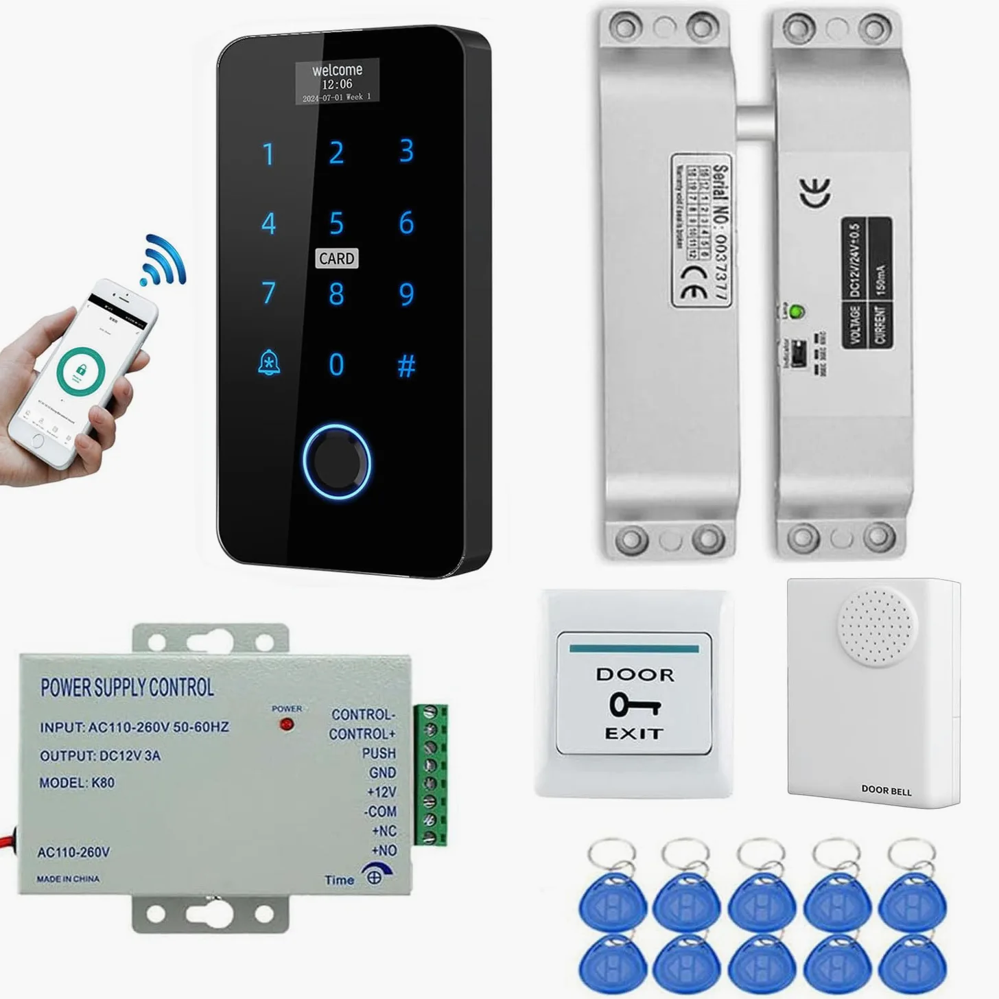 YAVIS TUYA WiFi Kit sistema di controllo di accesso, Tastiera tattile con impronte digitali con schermo impermeabile NFC WG26/34 RFID 125KHz/13.56MHz Lettore schede, Serratura a Bolt NC, Alimentatore