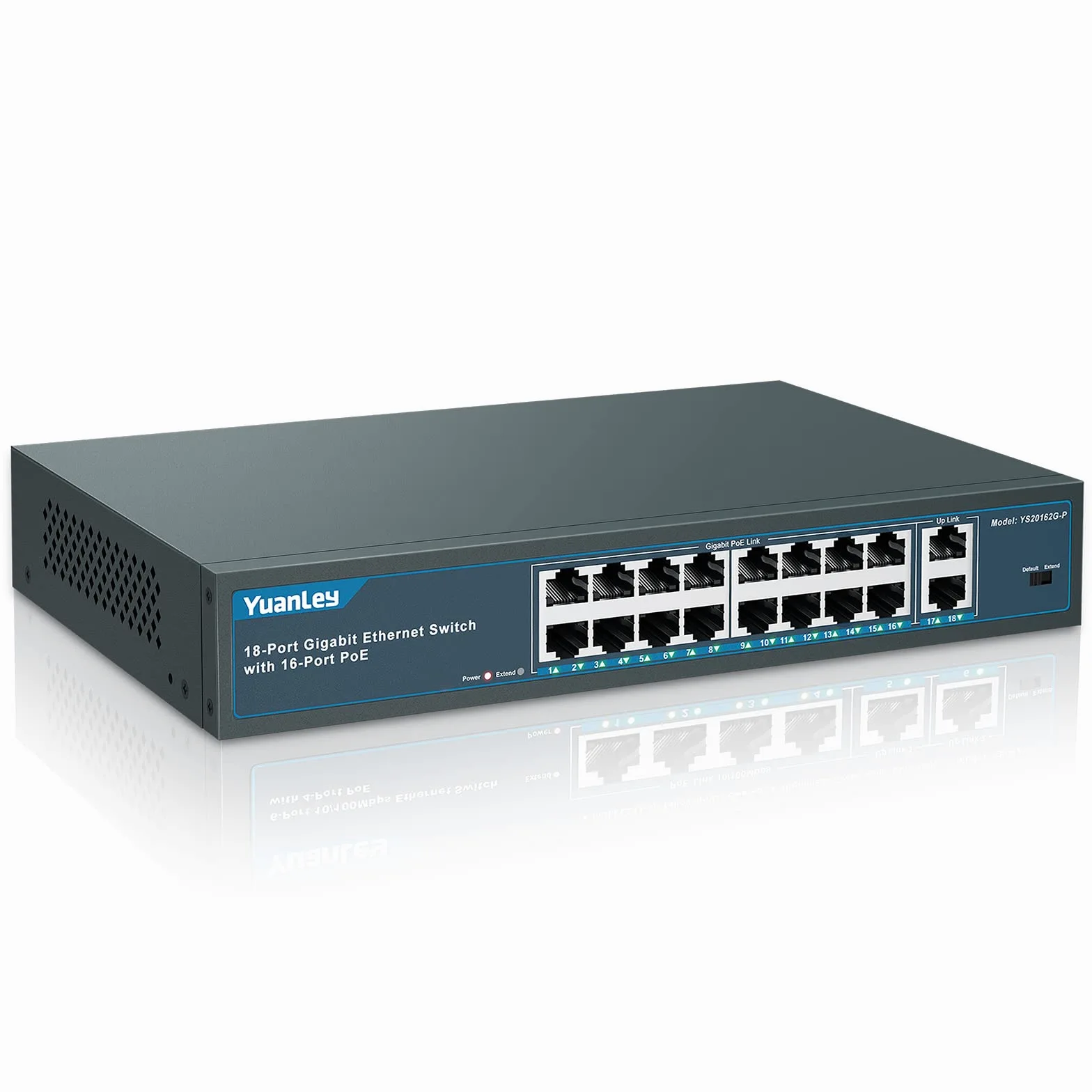 YuanLey 18 Porte Gigabit PoE Switch, 16 Porte PoE+ 1000 Mbps, 2 Gigabit Uplink, 250W 802.3af/at, Desktop Metallo/montaggio su rack, Switch di Rete Plug and Play Non gestito