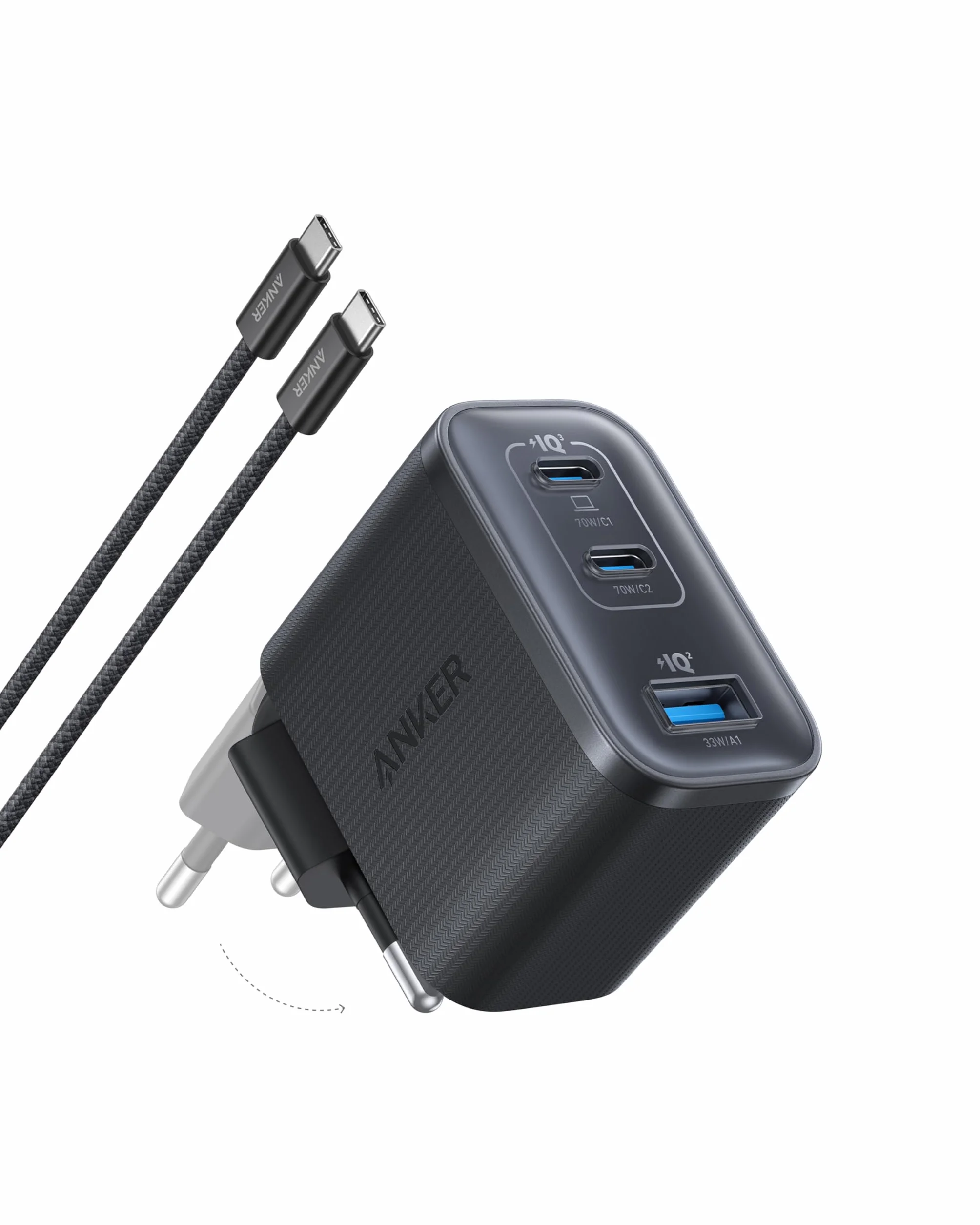 Anker Caricatore USB C 70W 3 Porte PIQ 3.0 per iPhone 17 Pro Max MacBook Pro iPad Galaxy Pixel Nero