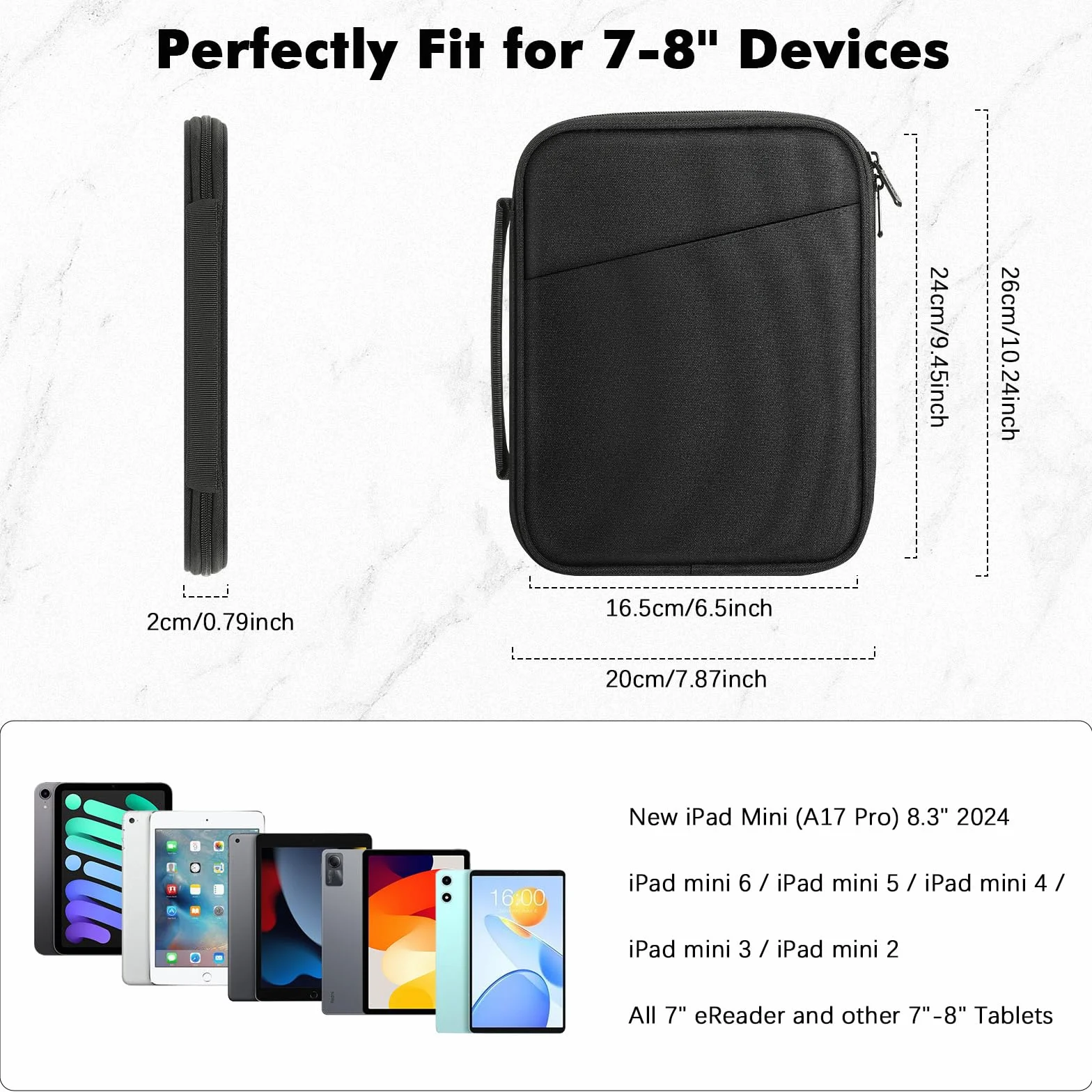MoKo 7-8 pollici Tablet Sleeve Custodia da trasporto con maniglia, Borsa da viaggio protettiva imbottita per iPad Mini A17 Pro 8,3'' 2024, iPad Mi-ni 6 8,3“ 2021, i-Pad Mini 5 7,9” 2019, Nero