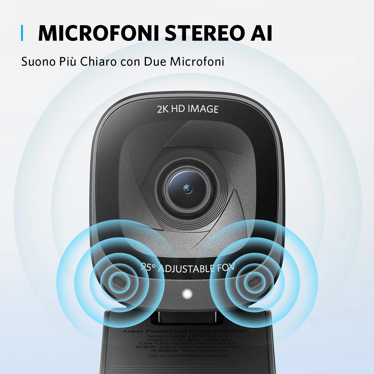 AnkerWork PowerConf C200 2K USB Webcam per laptop e computer, microfoni con cancellazione del rumore AI, stereo, campo visivo regolabile, correzione della luce bassa, copertura privacy integrata