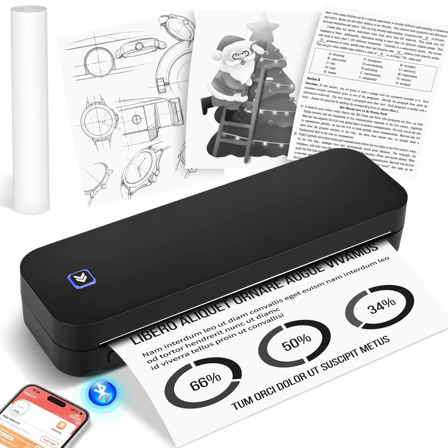 Stampante Termica Portatile A4 con Bluetooth, Stampante Mobile Wireless per Carta Termica 210x297 mm, Compatibile con Android iOS Nero