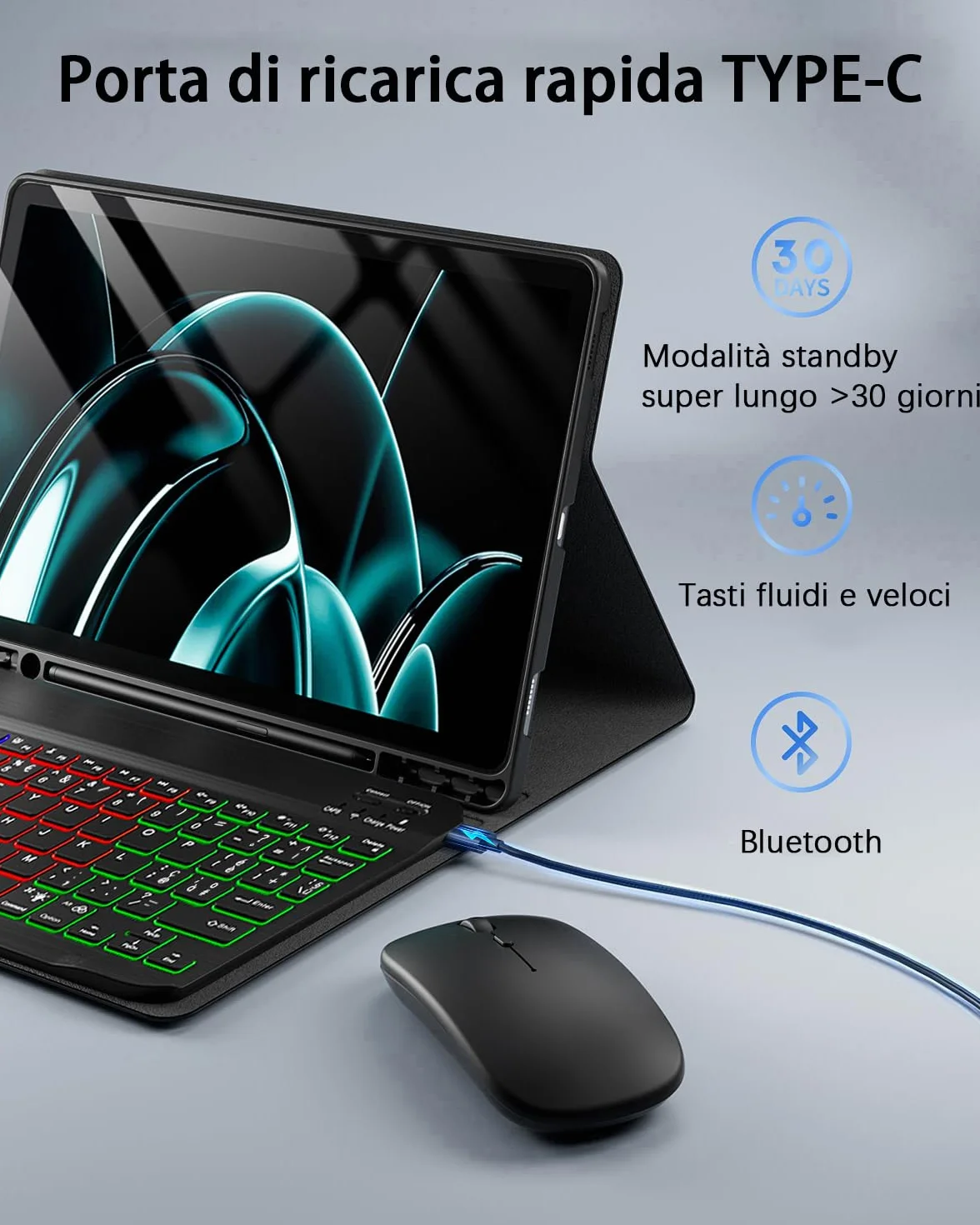 Per Samsung Galaxy Tab A11+ PLUS (2025)/Galaxy Tab A9+ PLUS (2023) 11 Pollici Cover Custodia Protettivar Con Wireless Bluetooth Italiano (QWERTY) Tastiera Retroilluminati e Mouse Backlit Keyboard Case