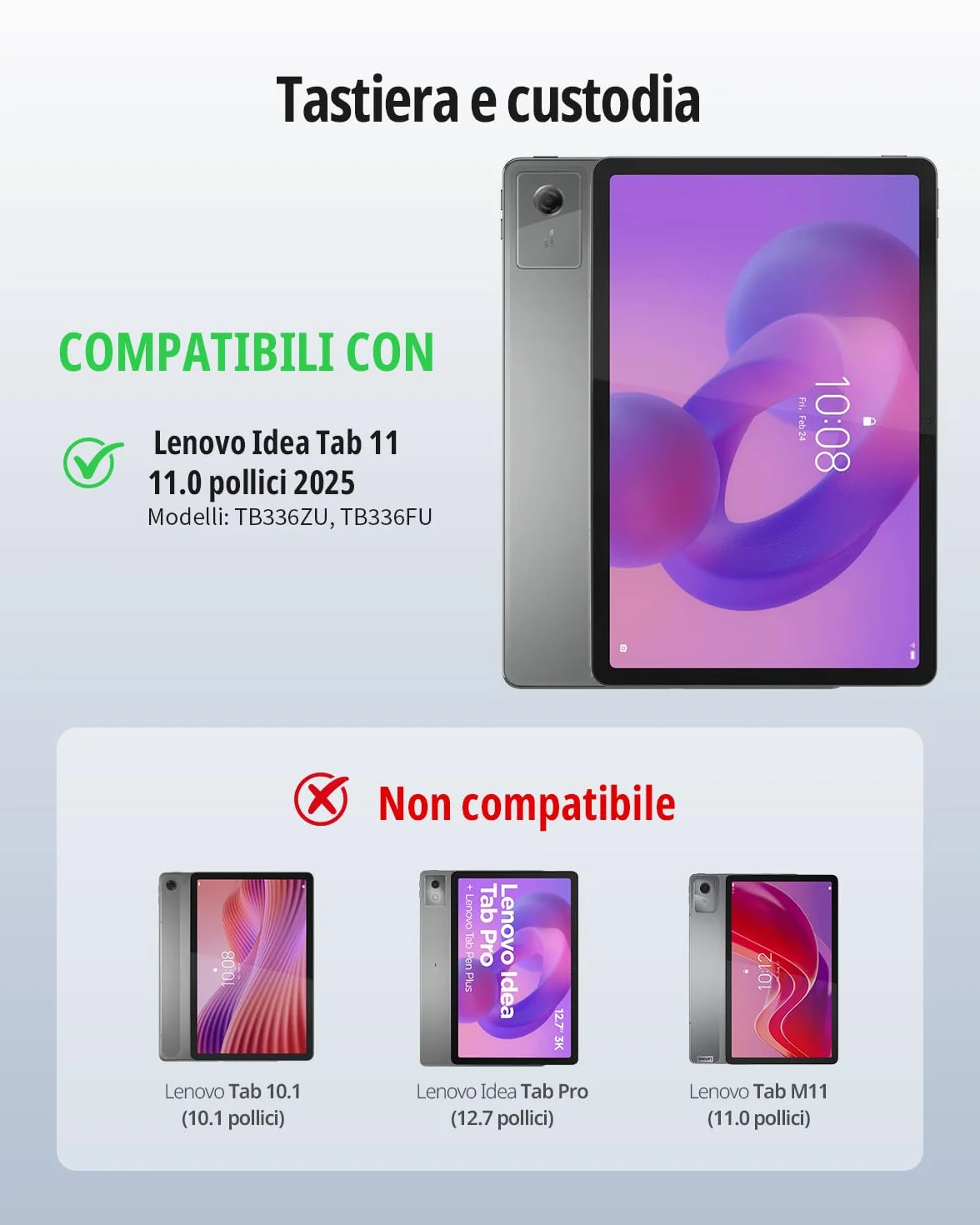 CACOE Cover con Tastiera Compatibile con Lenovo Idea Tab 11 Pollici Tablet 2025 con Touchpad, Custodia con Portapenne Tastiera Wireless Staccabile con Illuminazione a 7 Colori, Nero