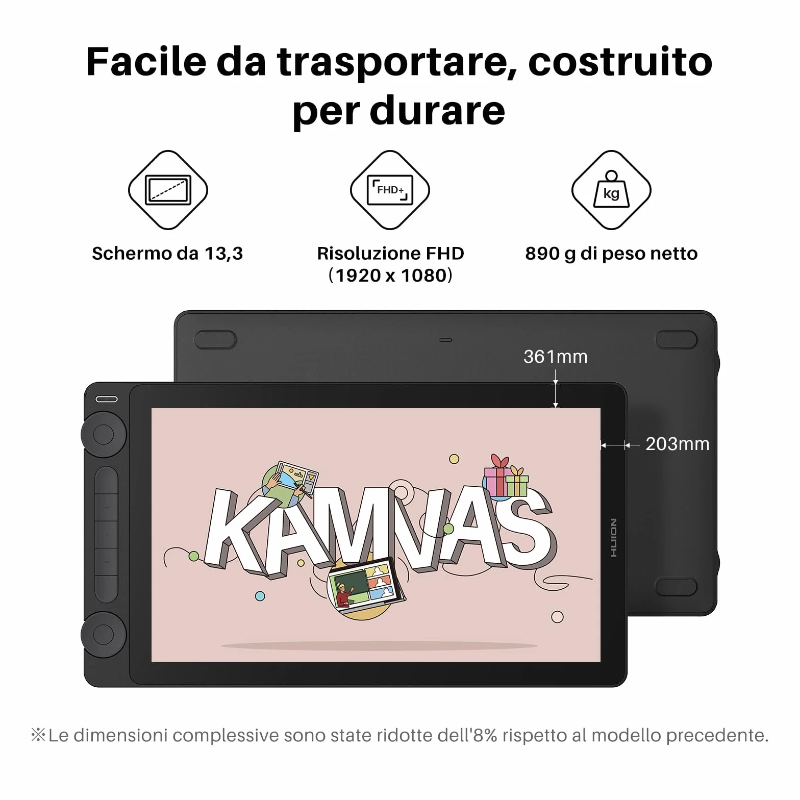 HUION Kamvas 13 Gen 3 Tavoletta Grafica con Schermo, Monitor da Disegno in Vetro Canvas da 13,3",Vopertura sRGB del 99%, PenTech 4.0, Pressione Penna 16384, Doppi Quadranti,Supporto Regolabile, Nero