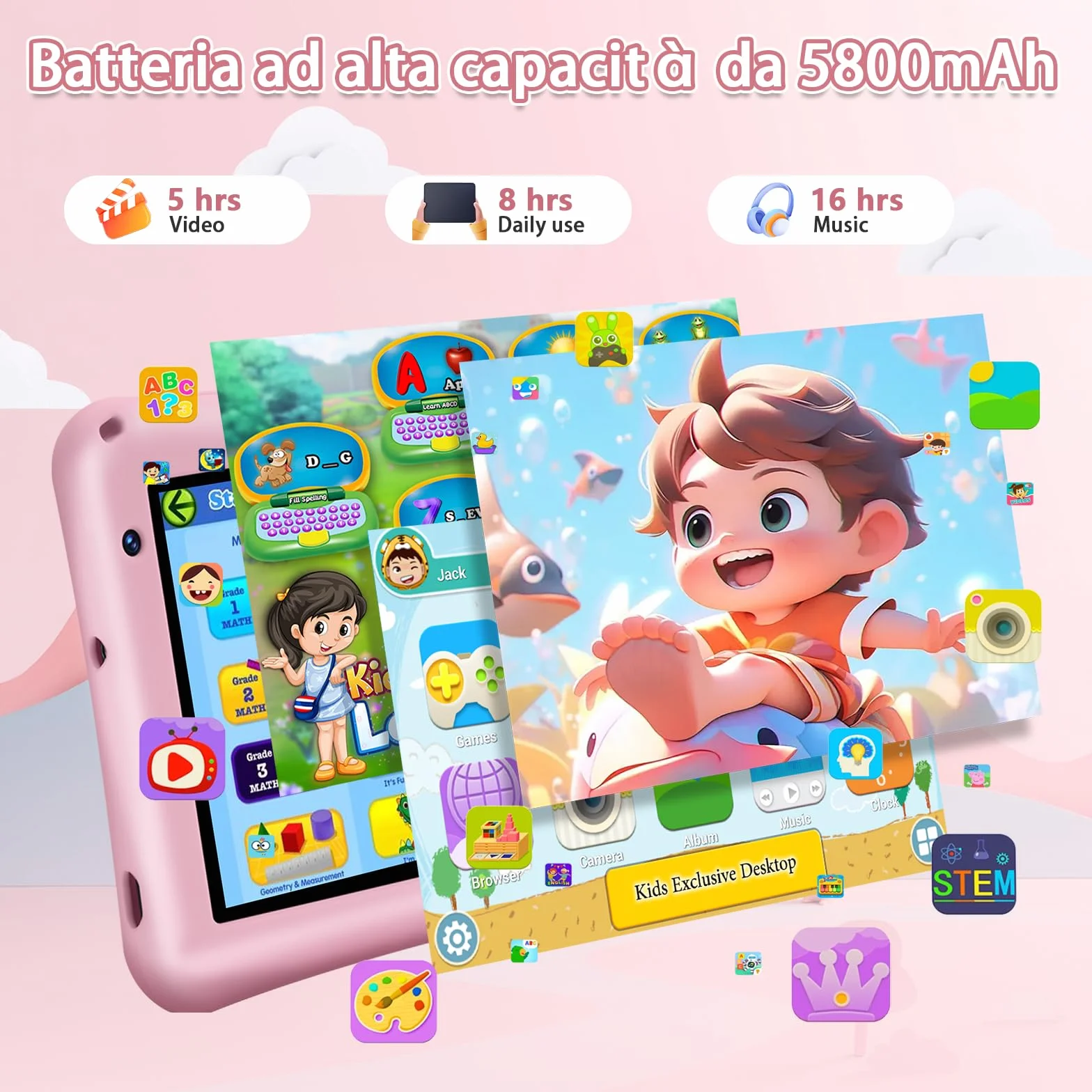 Tablet Bambini 7 Pollici Android 13 Octa Core 8GB RAM 64GB ROM Espandibile 256GB Schermo IPS Controllo Parentale Custodia Antiurto Rosa